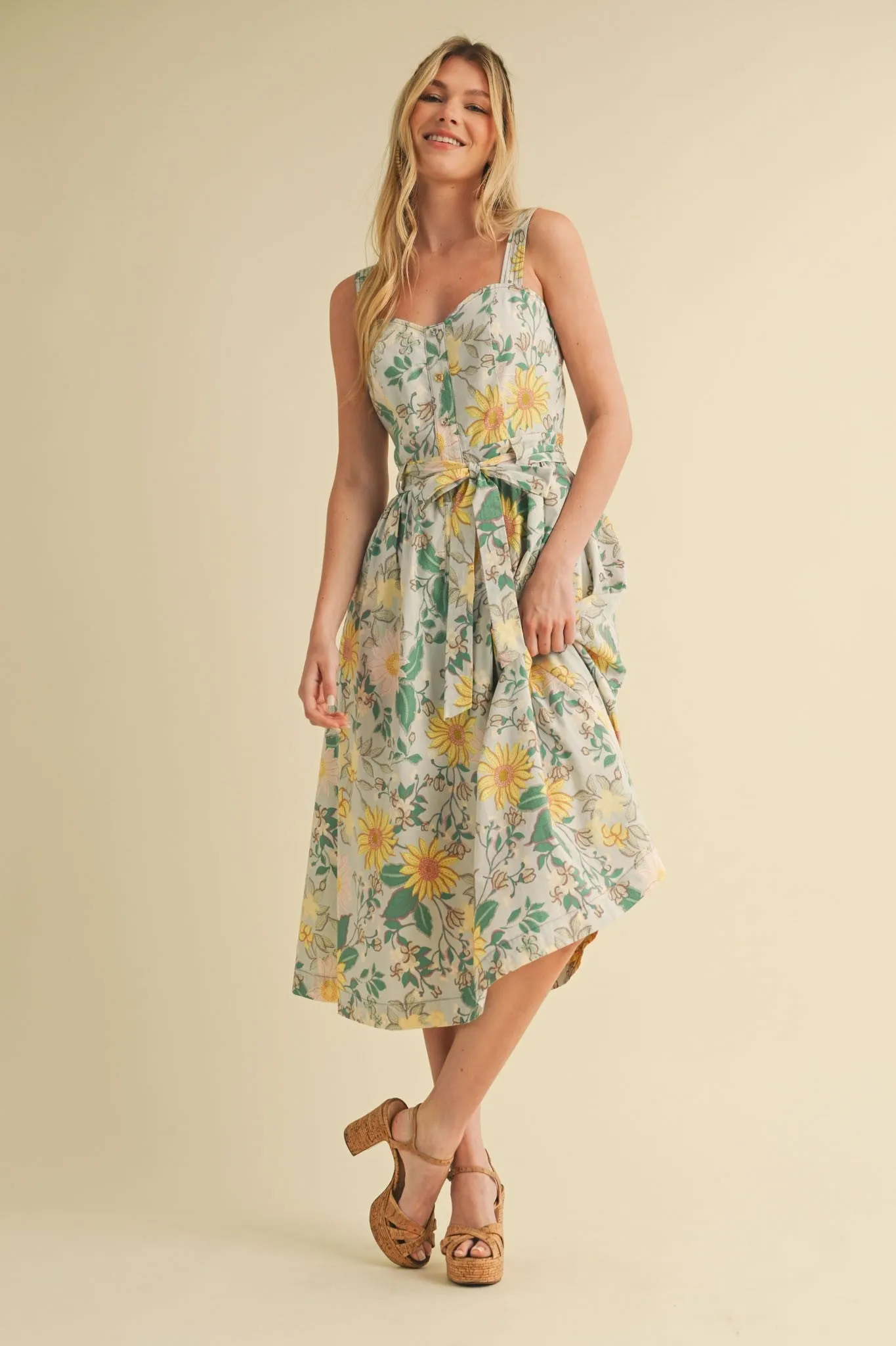 Green Floral Button Front Sash Tie Midi Dress sold by Pinkblush product image thumbnail 2
