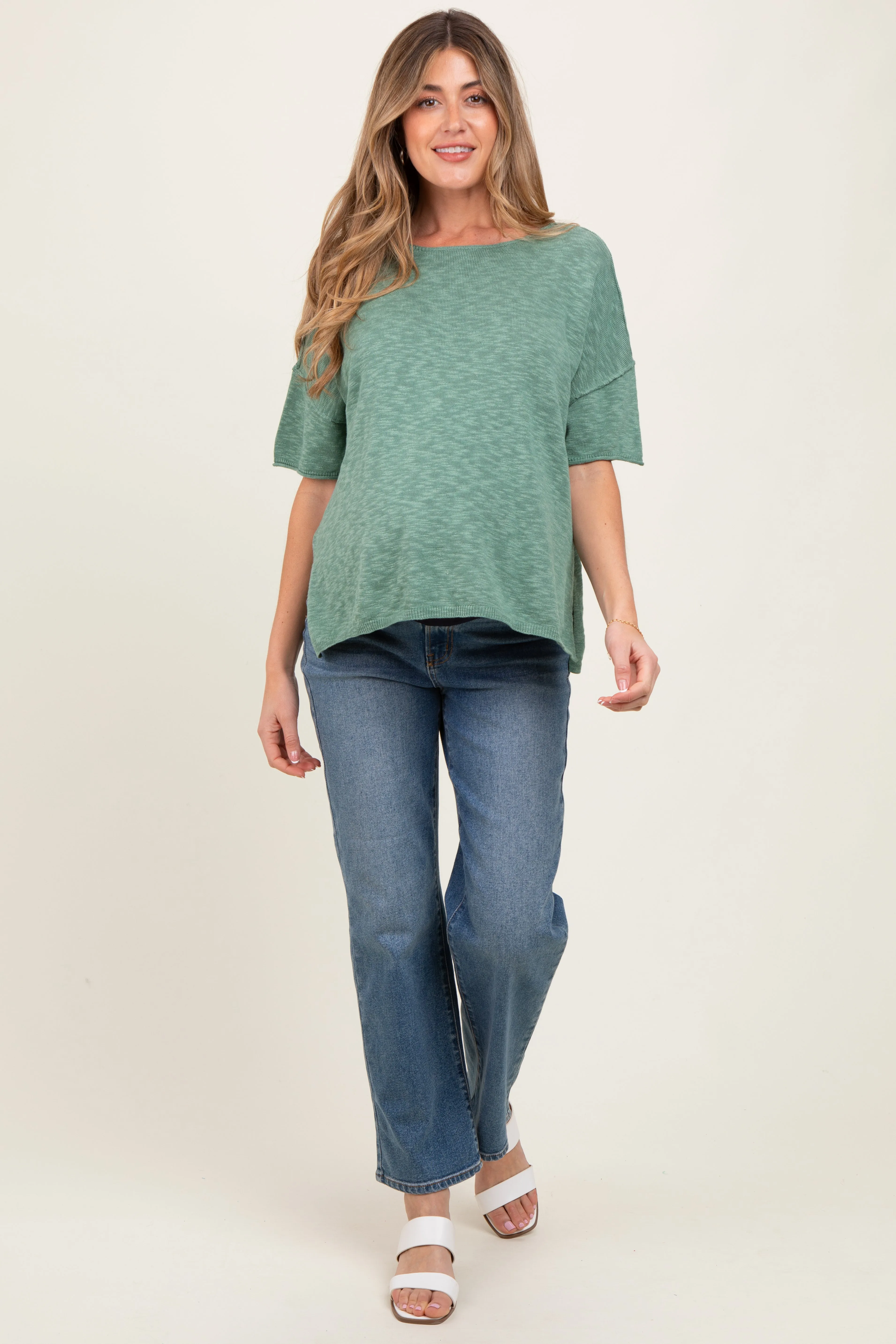Green Knit Drop Shoulder Short Sleeve Maternity Top sold by Pinkblush product image thumbnail 2