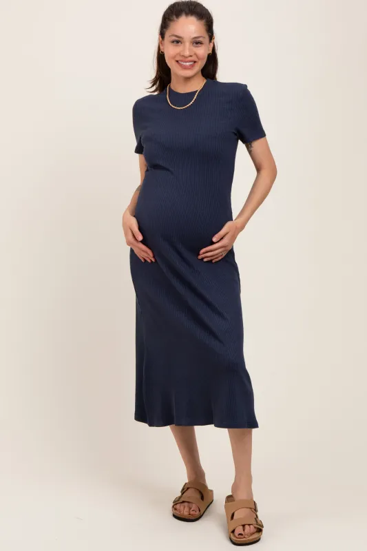 Navy Basic Ribbed Knit Maternity Midi Dress sold by Pinkblush