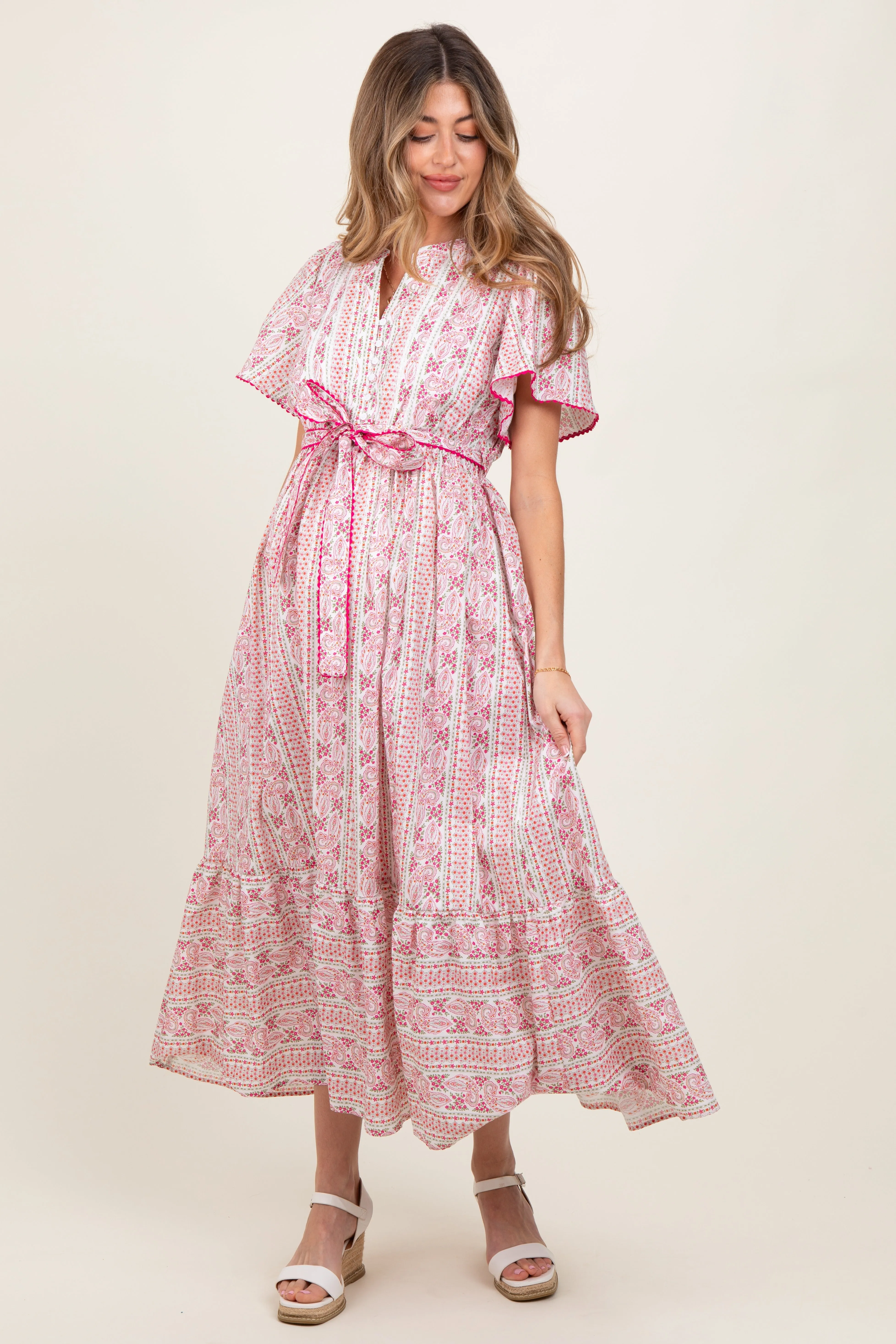 Magenta Floral Flutter Sleeve Waist Tie Maternity Maxi Dress sold by Pinkblush