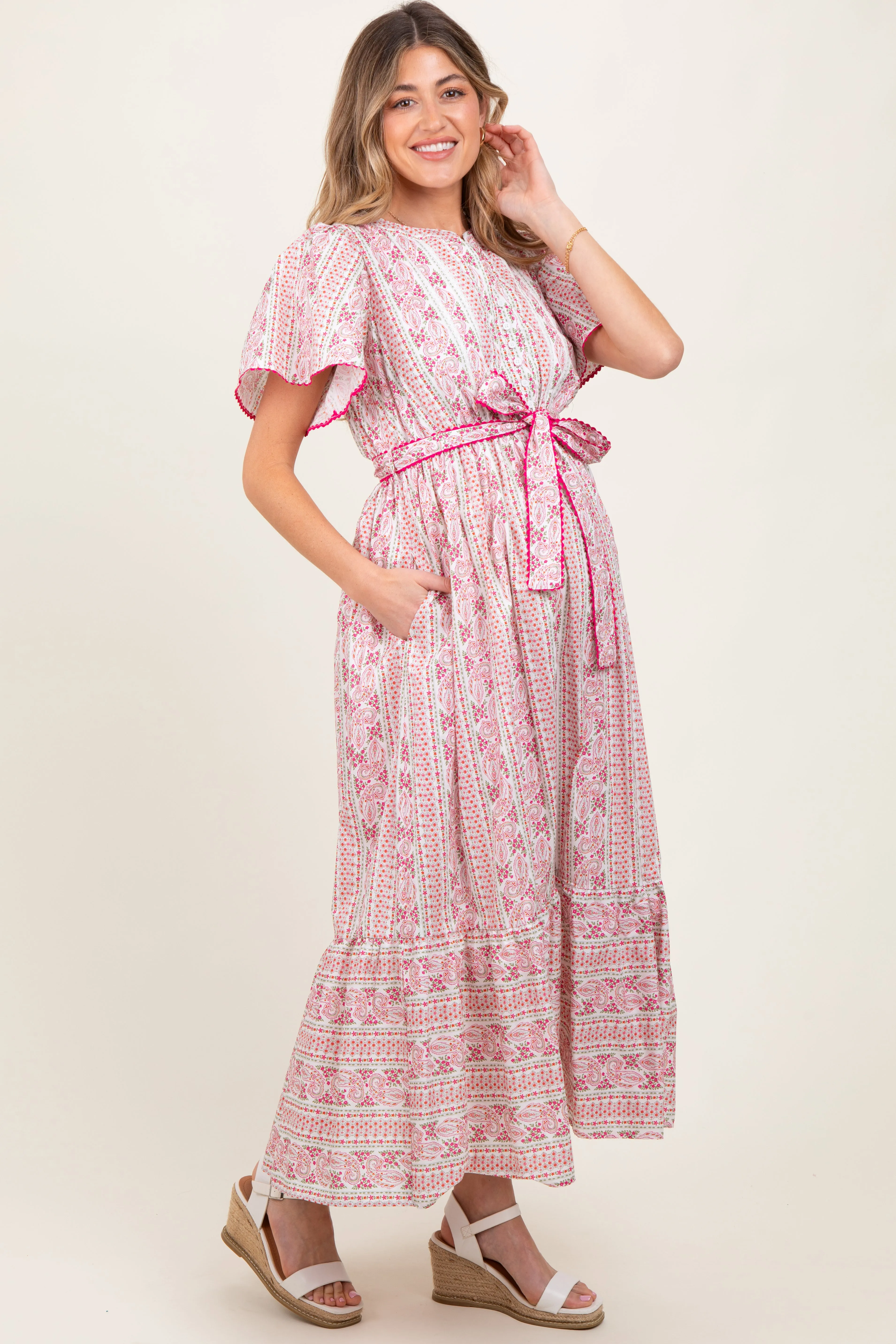 Magenta Floral Flutter Sleeve Waist Tie Maternity Maxi Dress sold by Pinkblush product image thumbnail 2