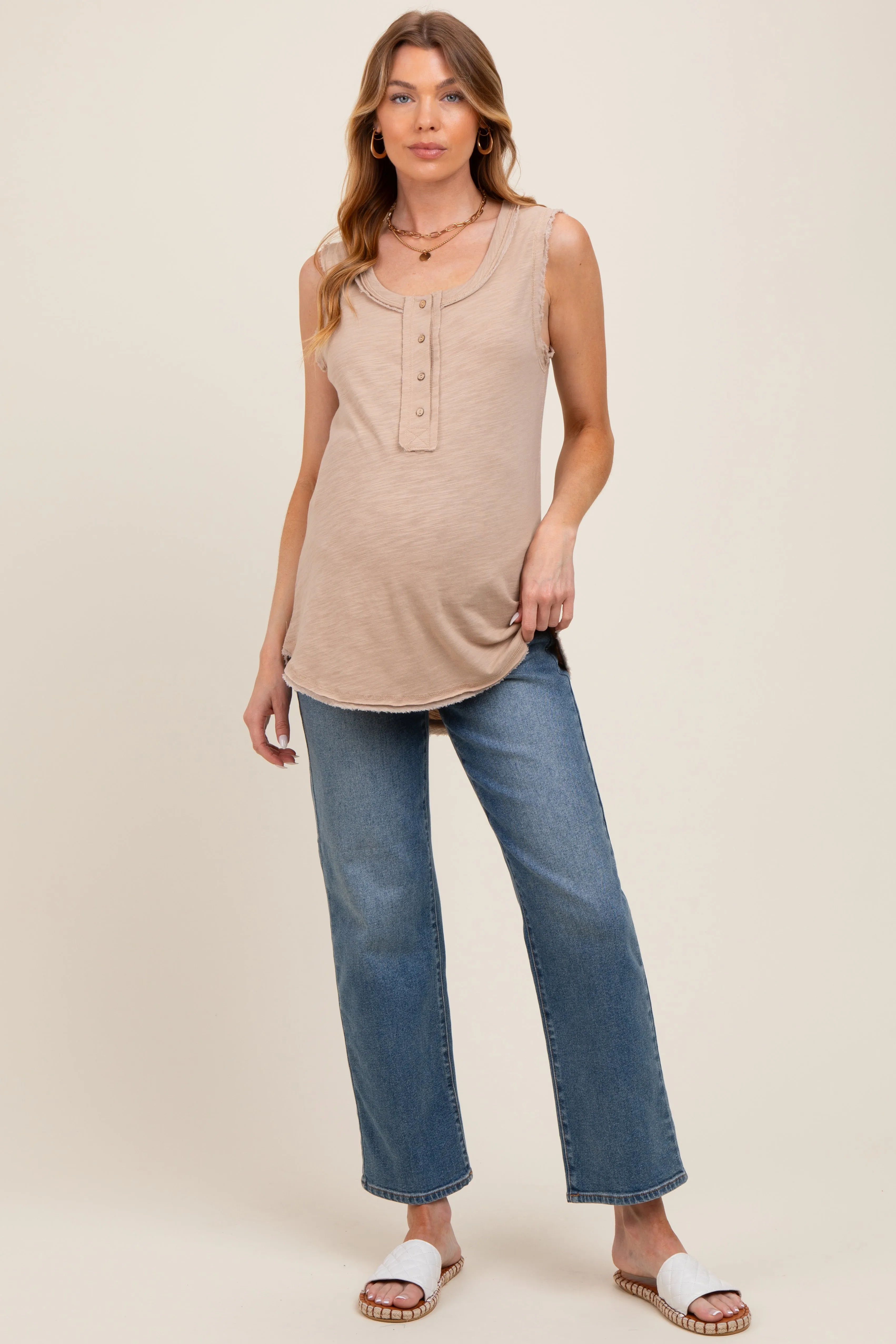 Beige Raw Hem Button Detail Sleeveless Maternity Top sold by Pinkblush