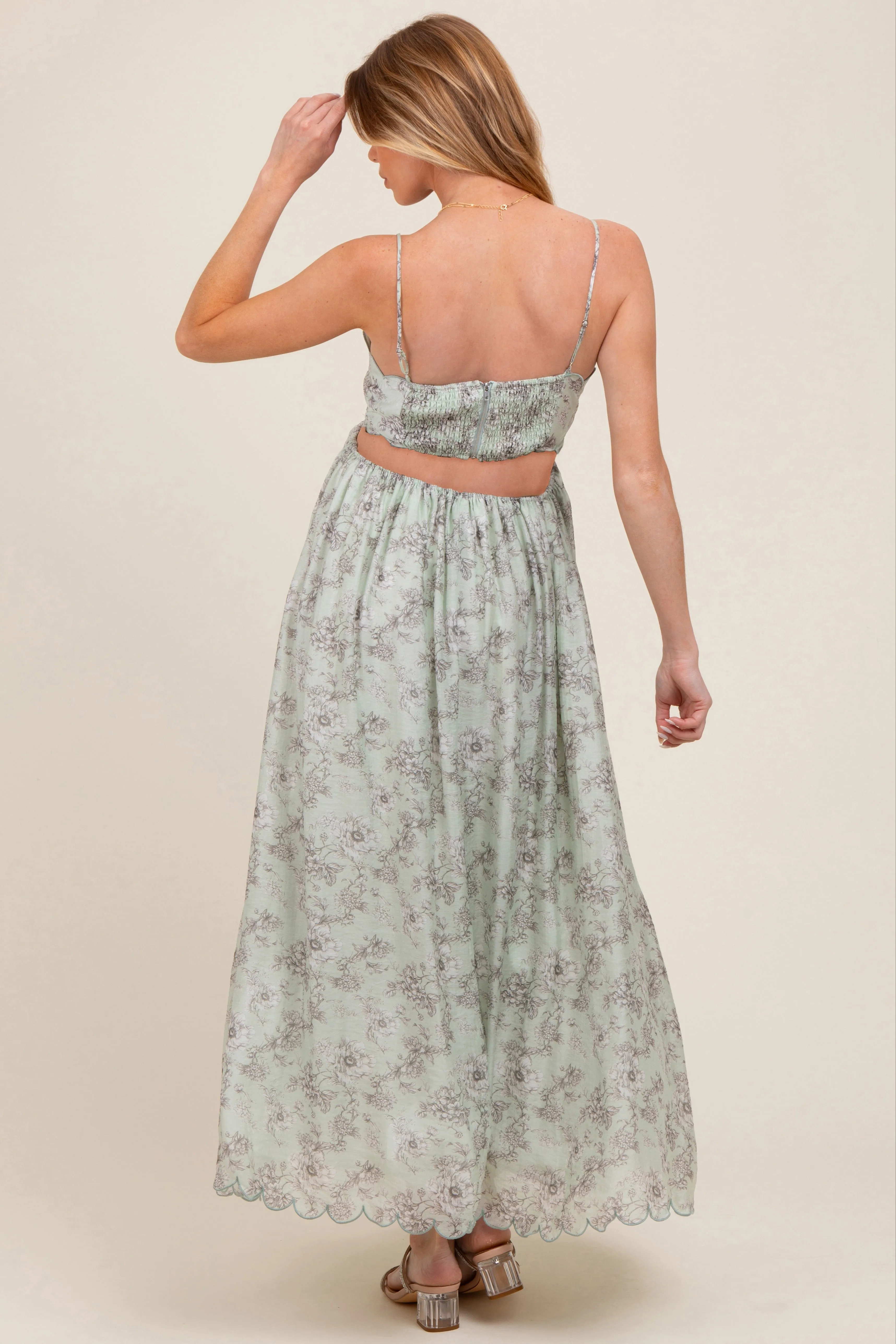 Light Sage Floral Scallop Edge Back Cutout Maternity Maxi Dress sold by Pinkblush product image thumbnail 2