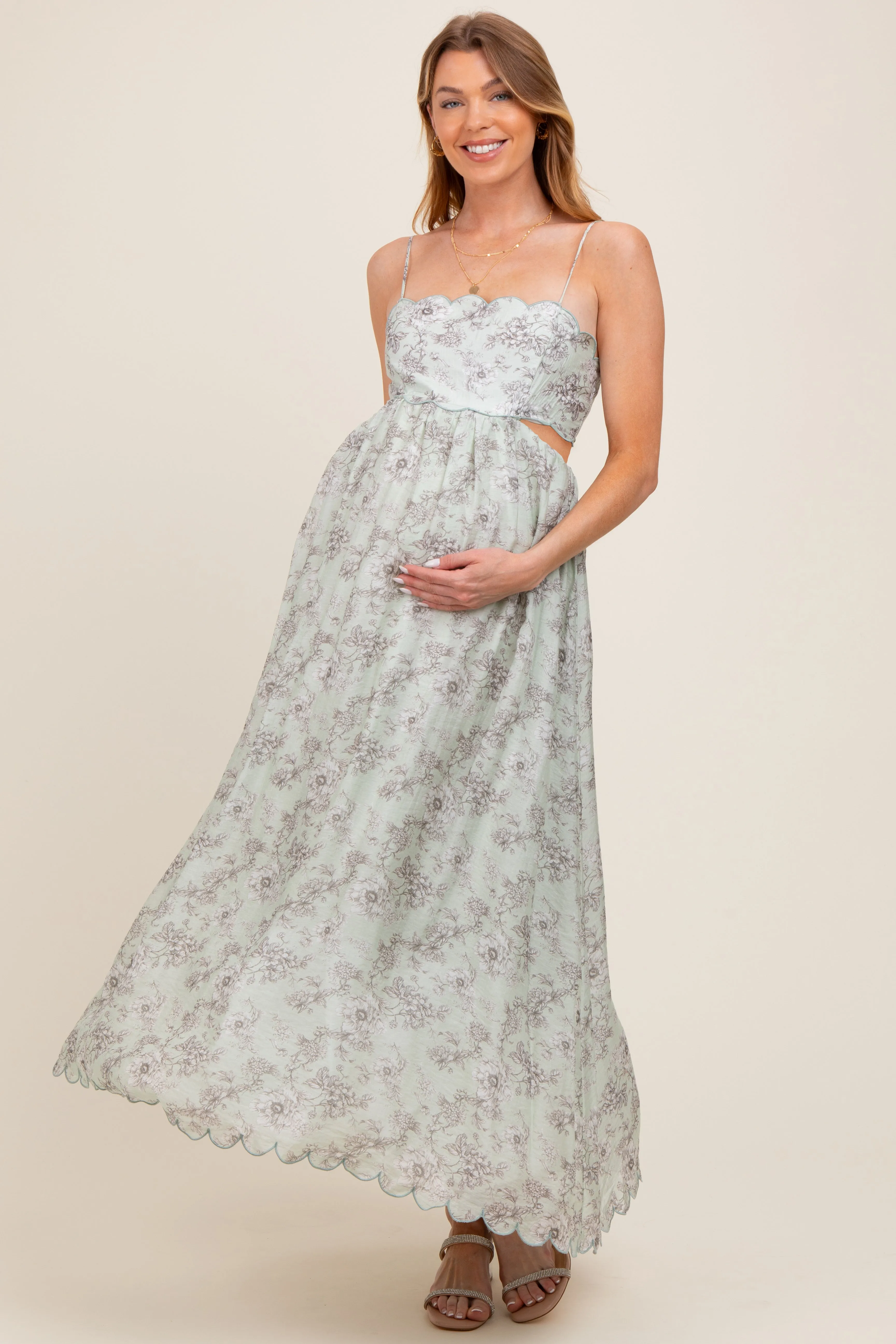 Light Sage Floral Scallop Edge Back Cutout Maternity Maxi Dress sold by Pinkblush