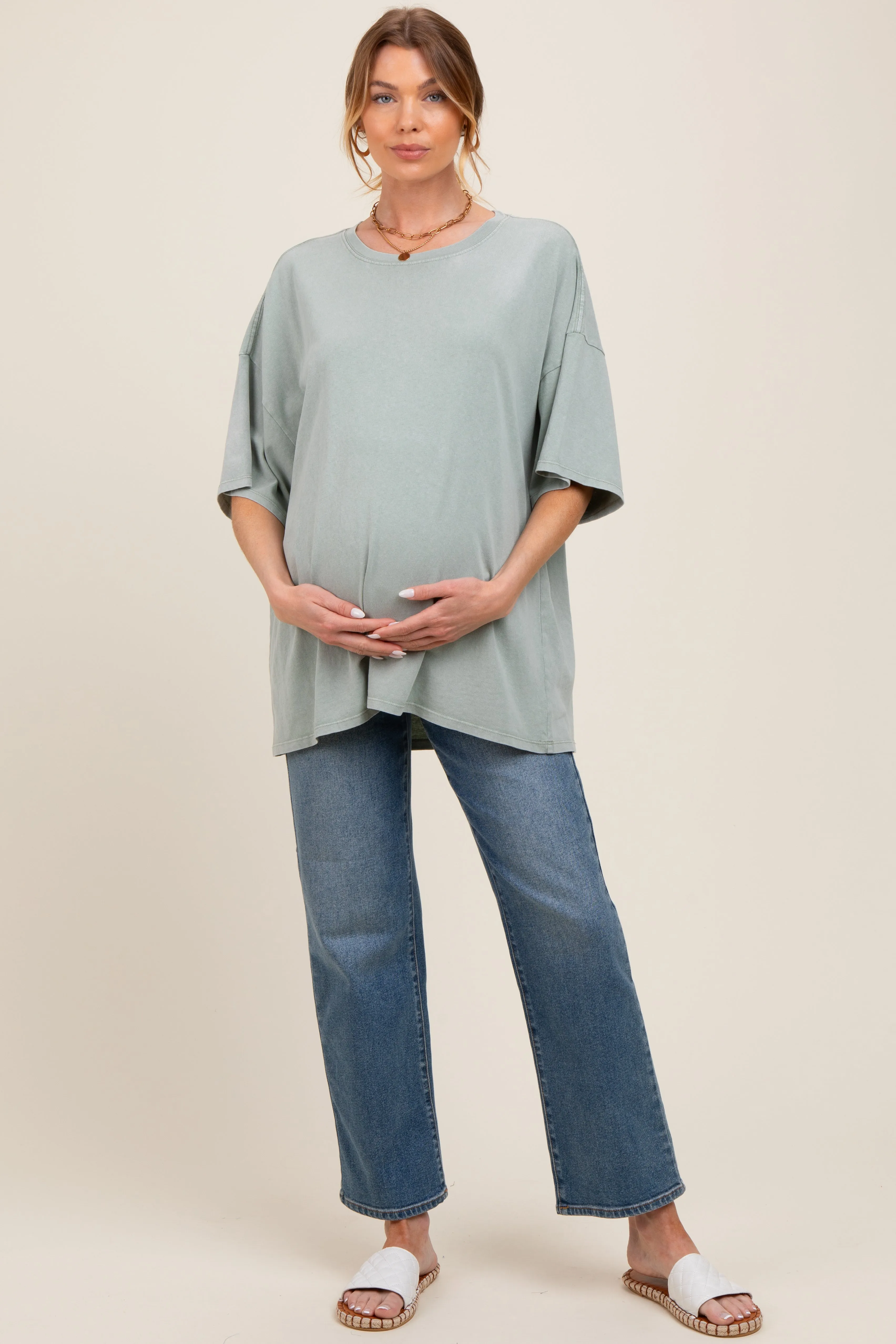 Sage Mineral Washed Oversized Maternity T-Shirt sold by Pinkblush