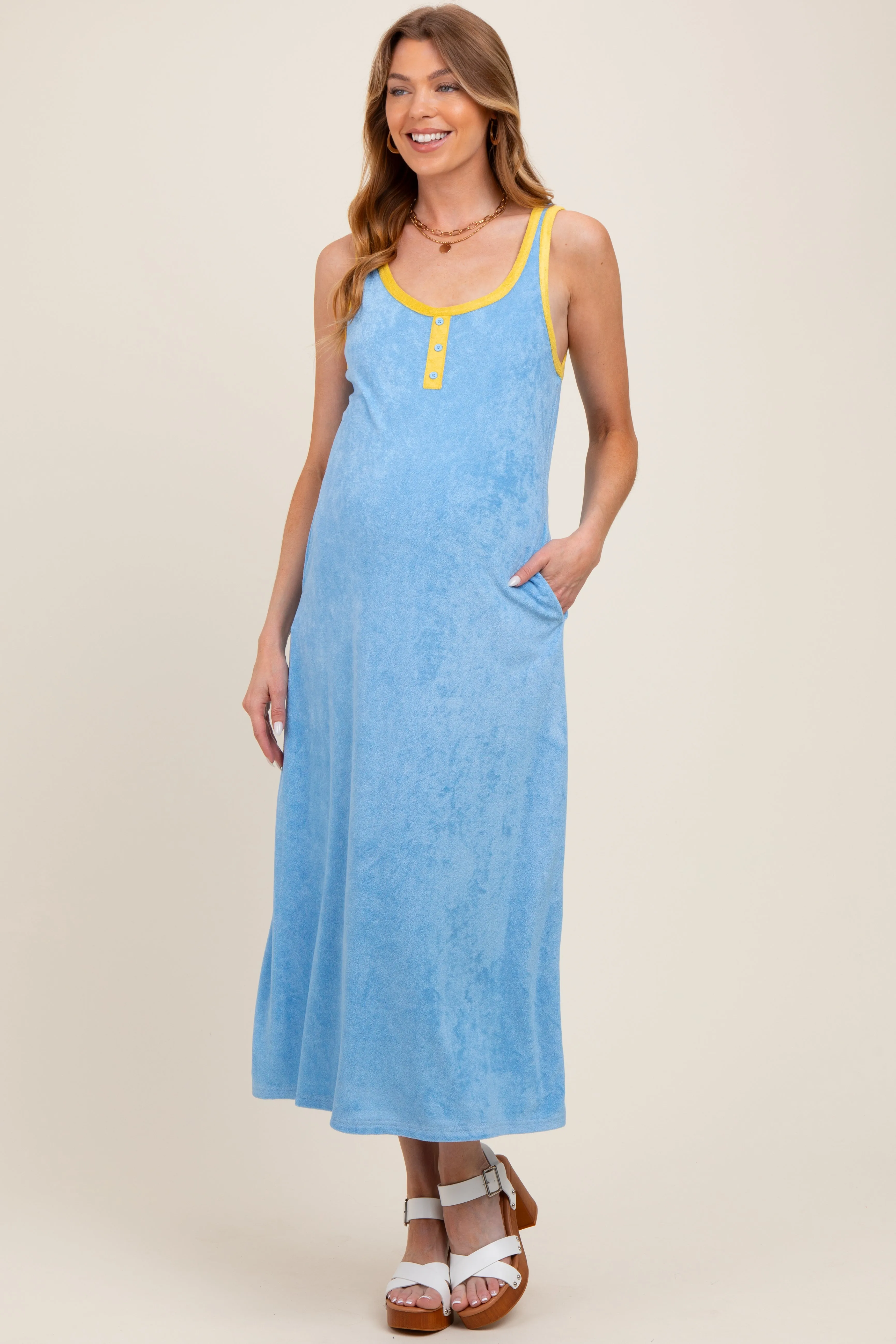 Light Blue Contrast Trim Terry Knit Sleeveless Maternity Dress sold by Pinkblush product image thumbnail 2