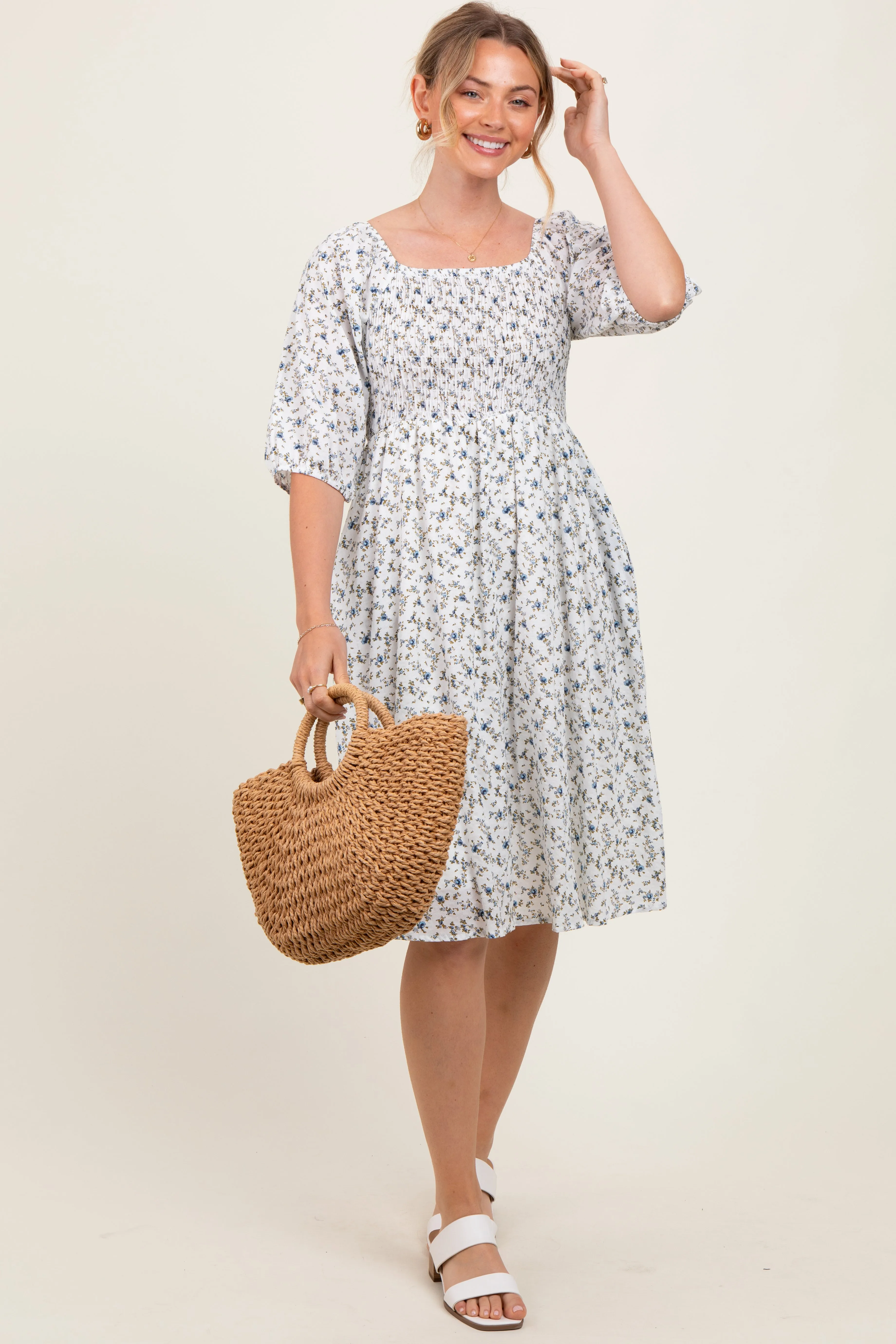 White Floral Smocked Maternity Midi Dress sold by Pinkblush product image thumbnail 4