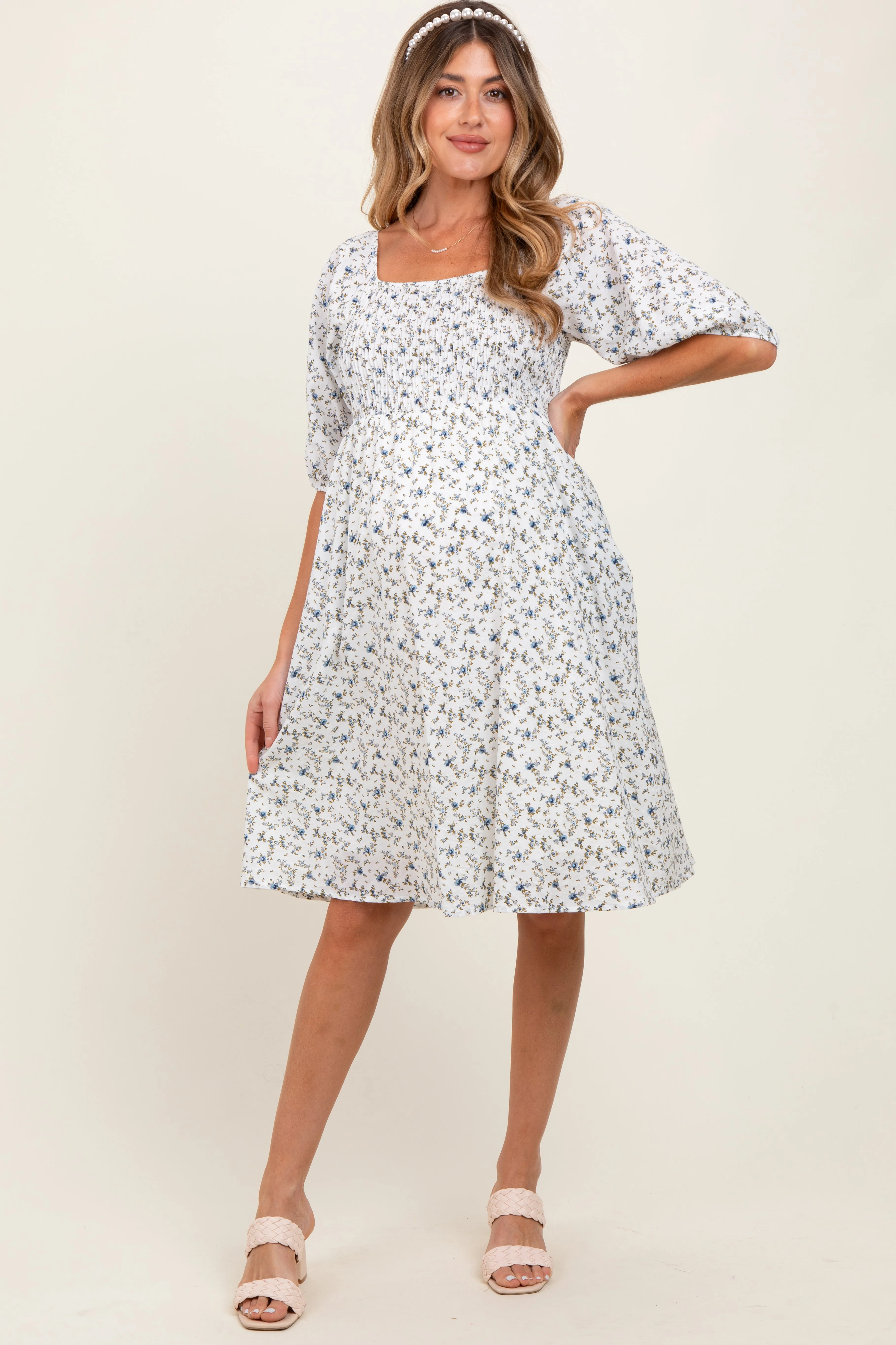 White Floral Smocked Maternity Midi Dress sold by Pinkblush