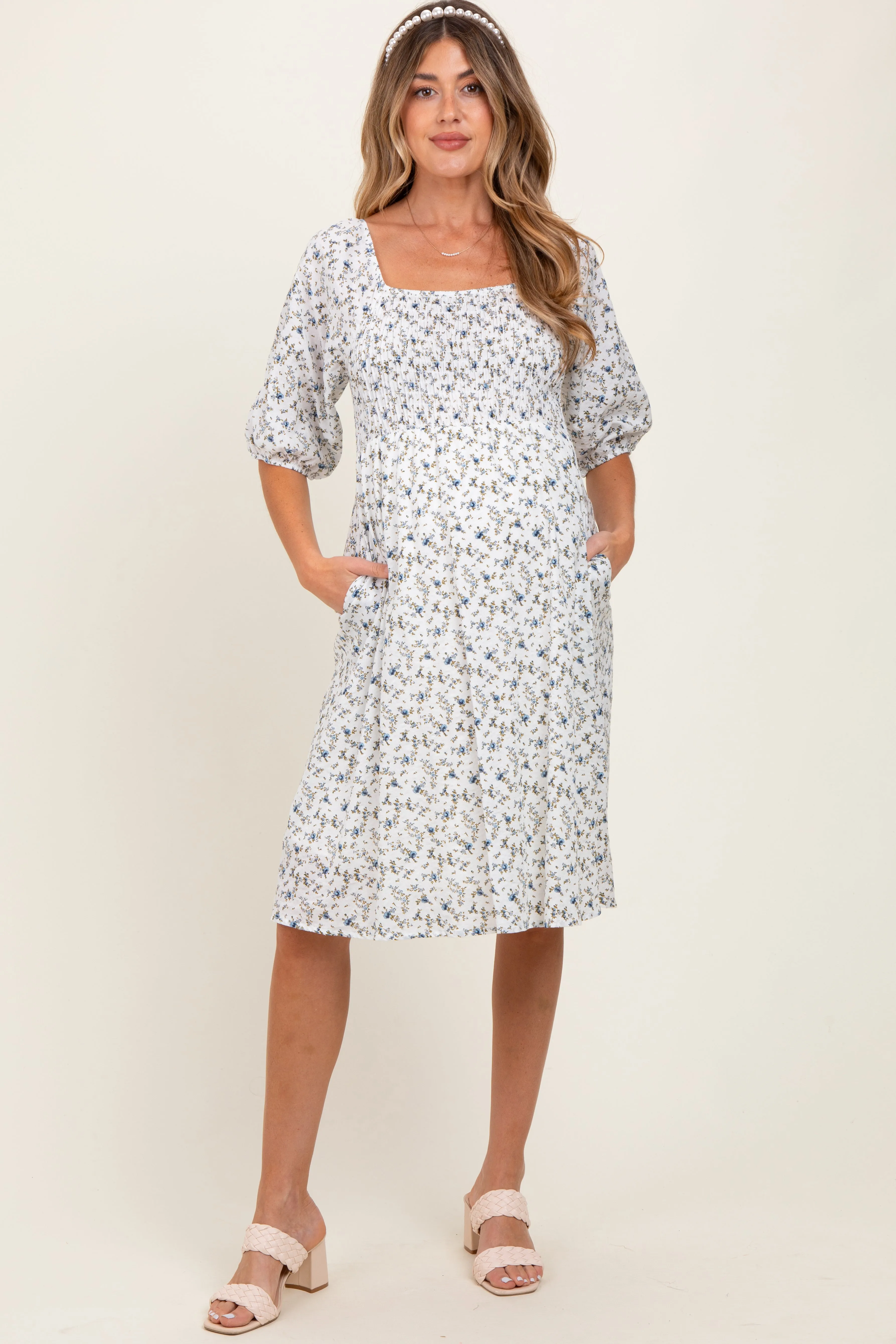 White Floral Smocked Maternity Midi Dress sold by Pinkblush product image thumbnail 2