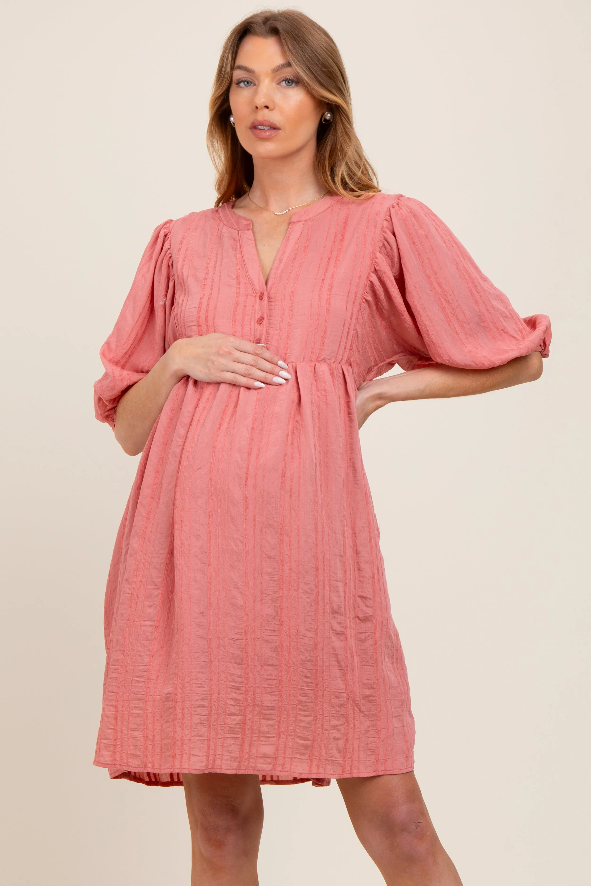 Mauve Sheer Stripe Textured Maternity Mini Dress sold by Pinkblush