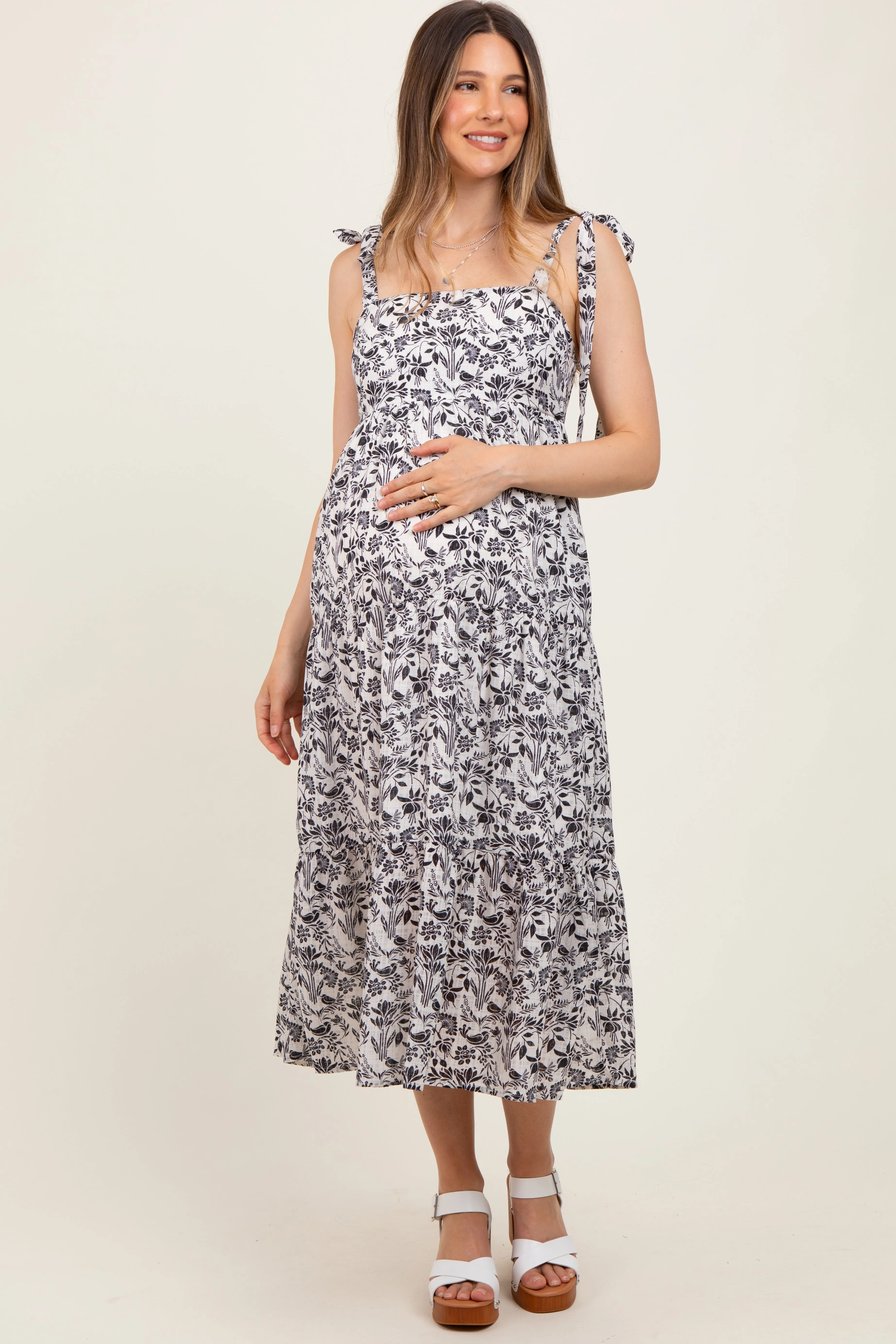 Black Multi Floral Tie Strap Maternity Maxi Dress sold by Pinkblush