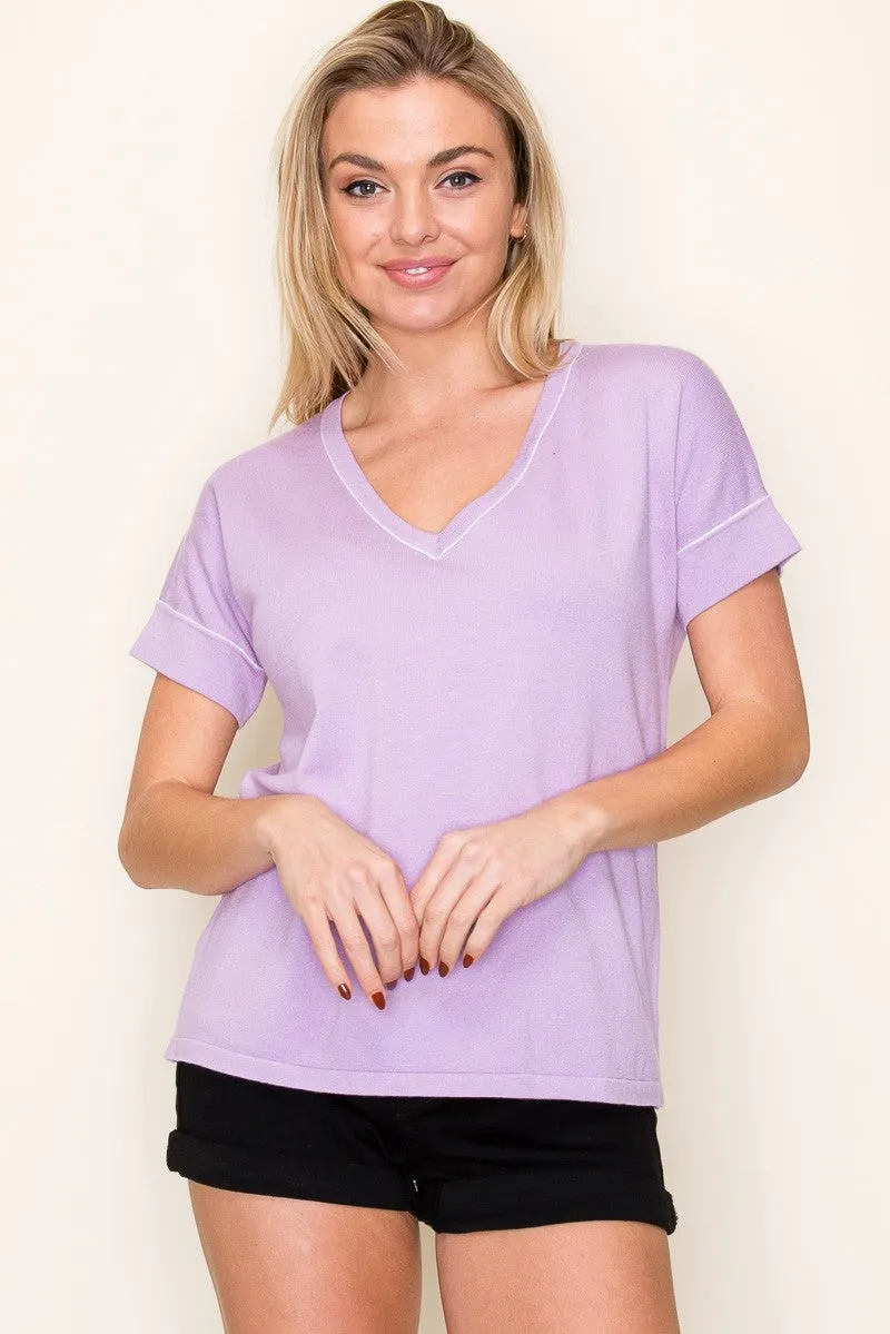 Lavender Knit Stitch Accent Short Sleeve Top sold by Pinkblush product image thumbnail 2