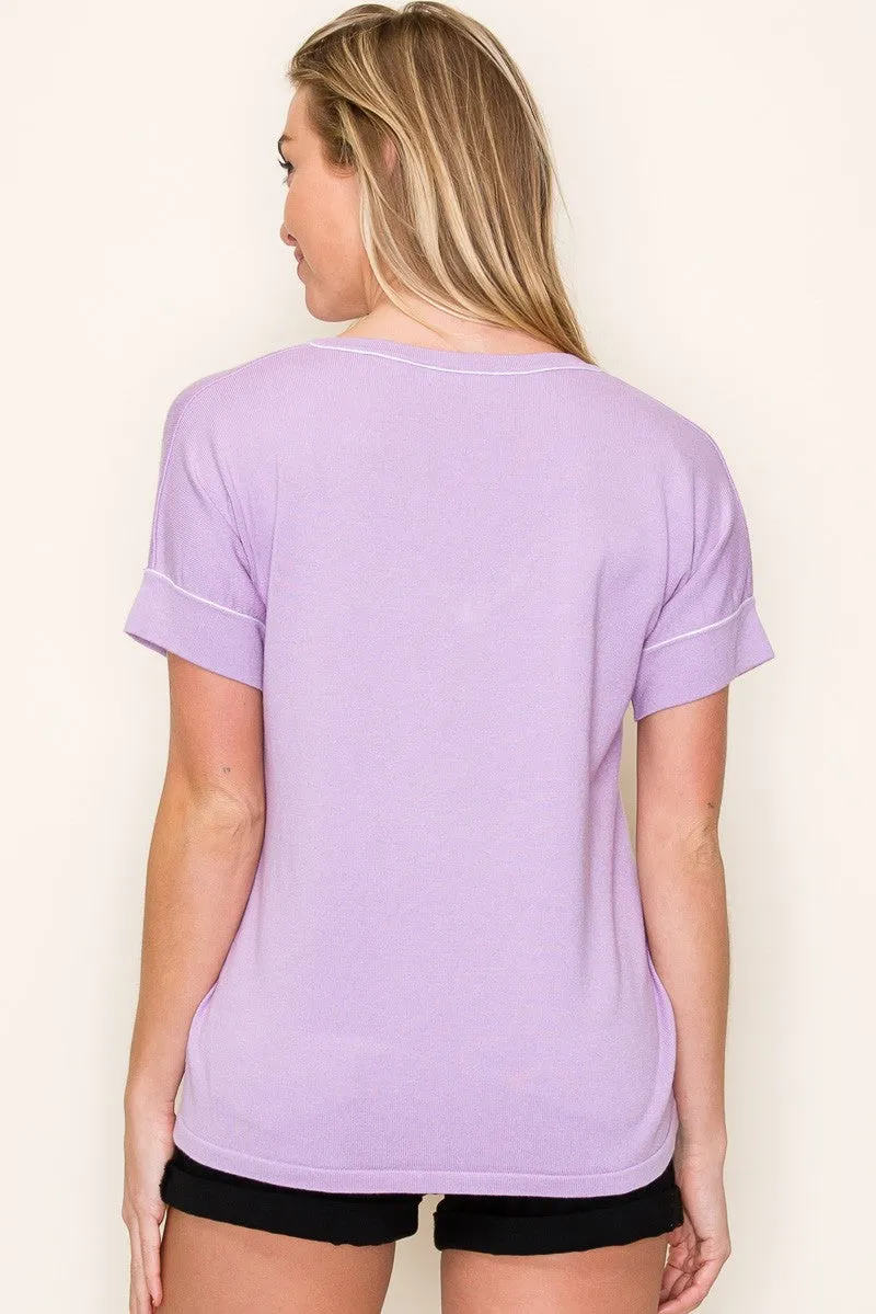 Lavender Knit Stitch Accent Short Sleeve Top sold by Pinkblush product image thumbnail 3