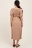Tan Linen Short Puff Sleeve Maternity Midi Dress sold by Pinkblush