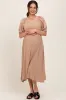 Tan Linen Short Puff Sleeve Maternity Midi Dress sold by Pinkblush