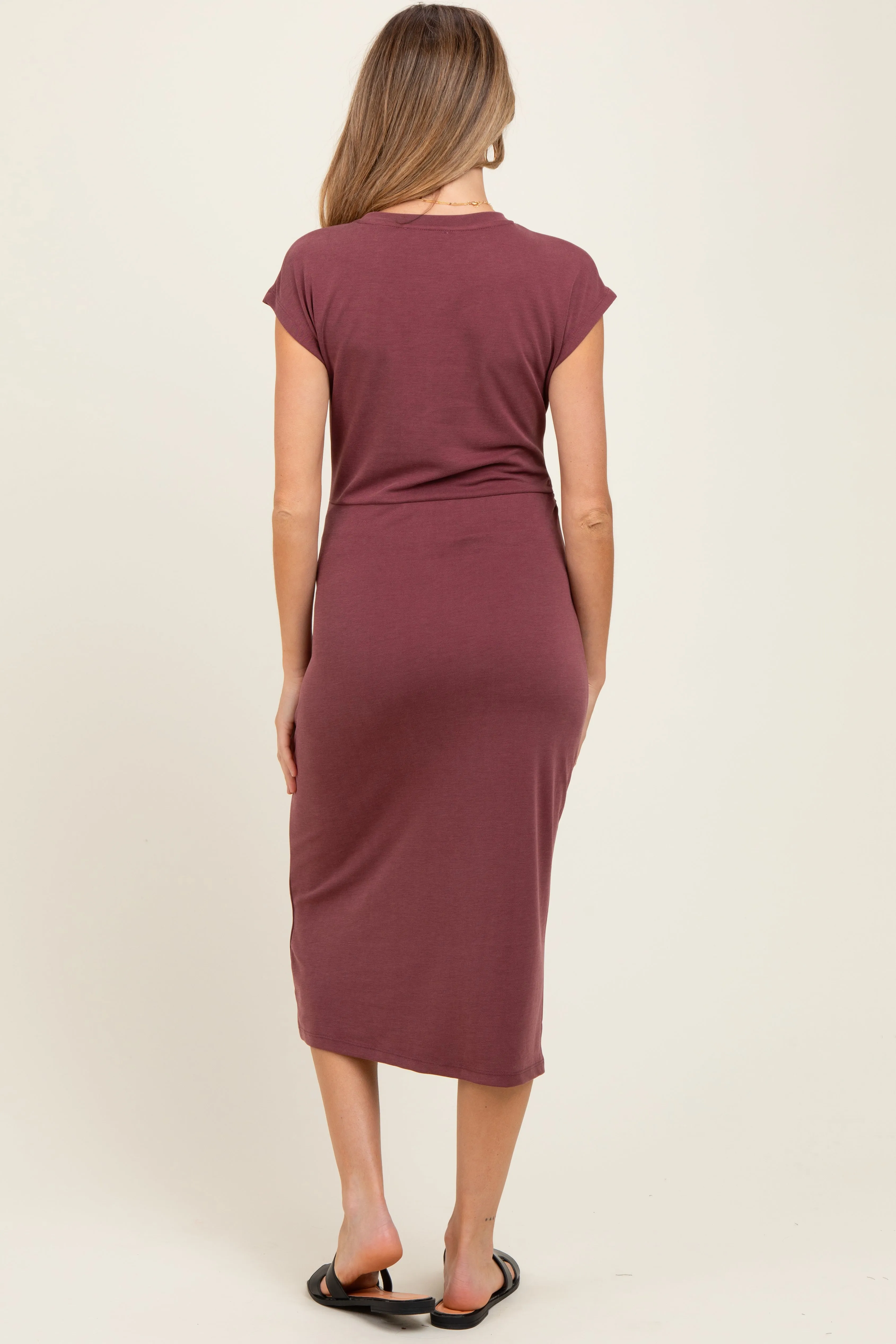 Burgundy Solid Short Sleeve Maternity Midi Dress sold by Pinkblush product image thumbnail 3