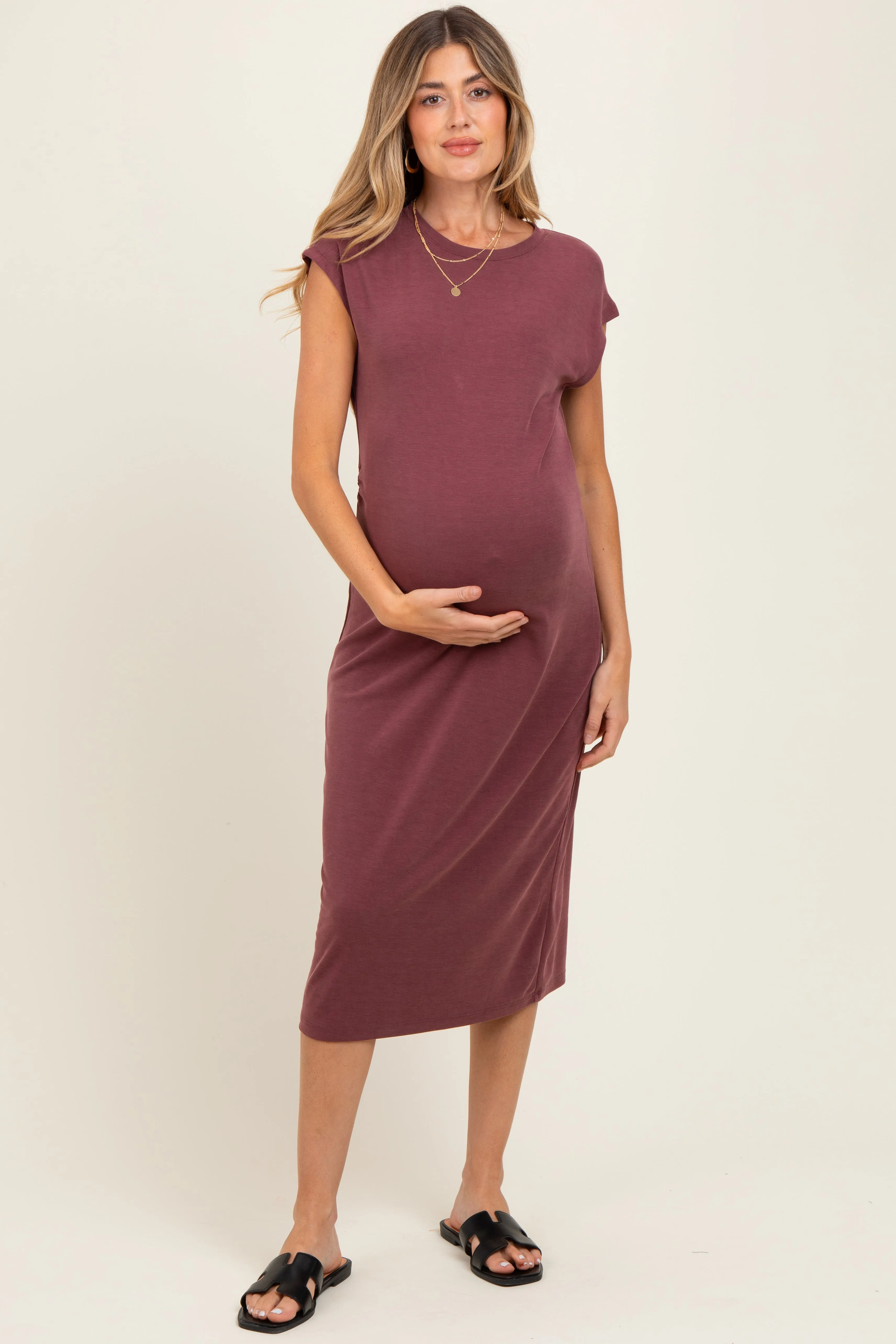 Burgundy Solid Short Sleeve Maternity Midi Dress sold by Pinkblush