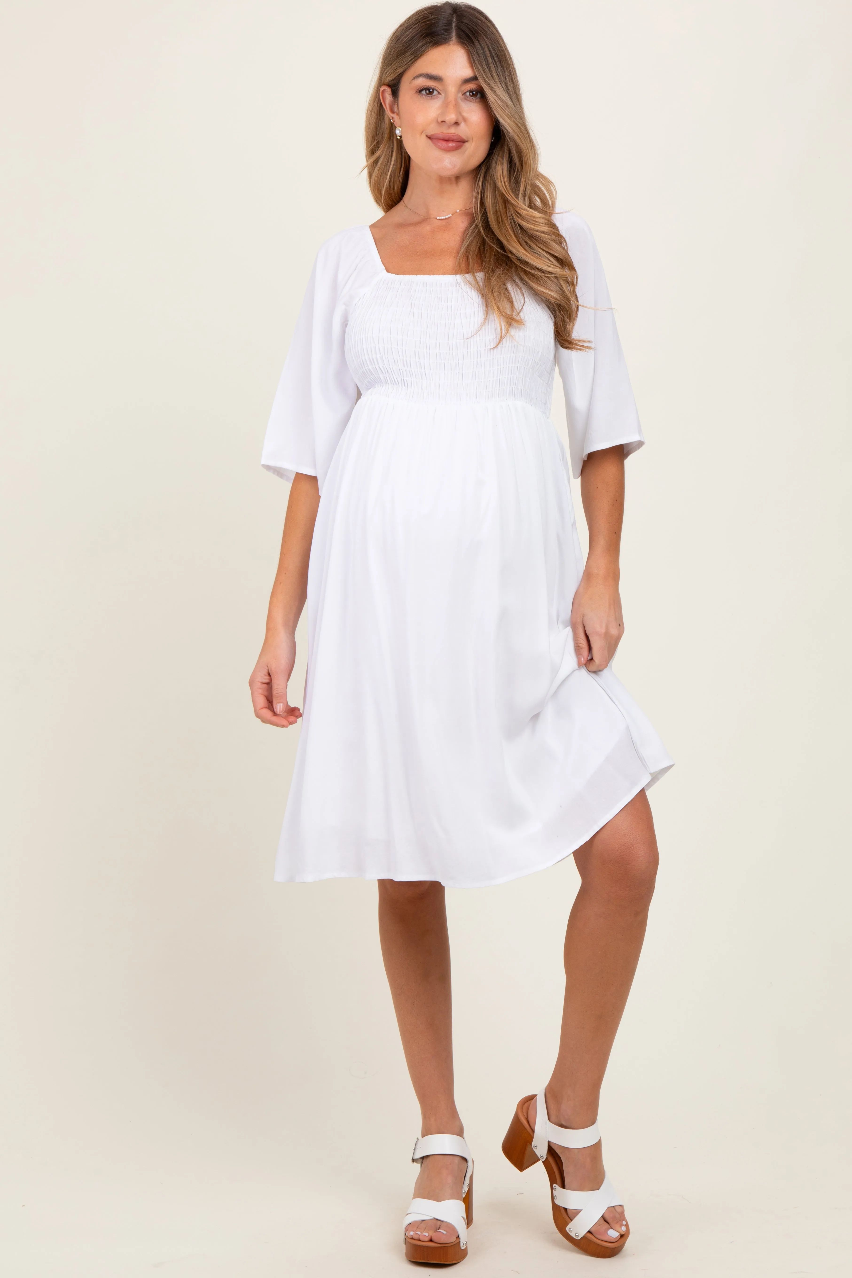 White Smocked Maternity Midi Dress sold by Pinkblush product image thumbnail 2