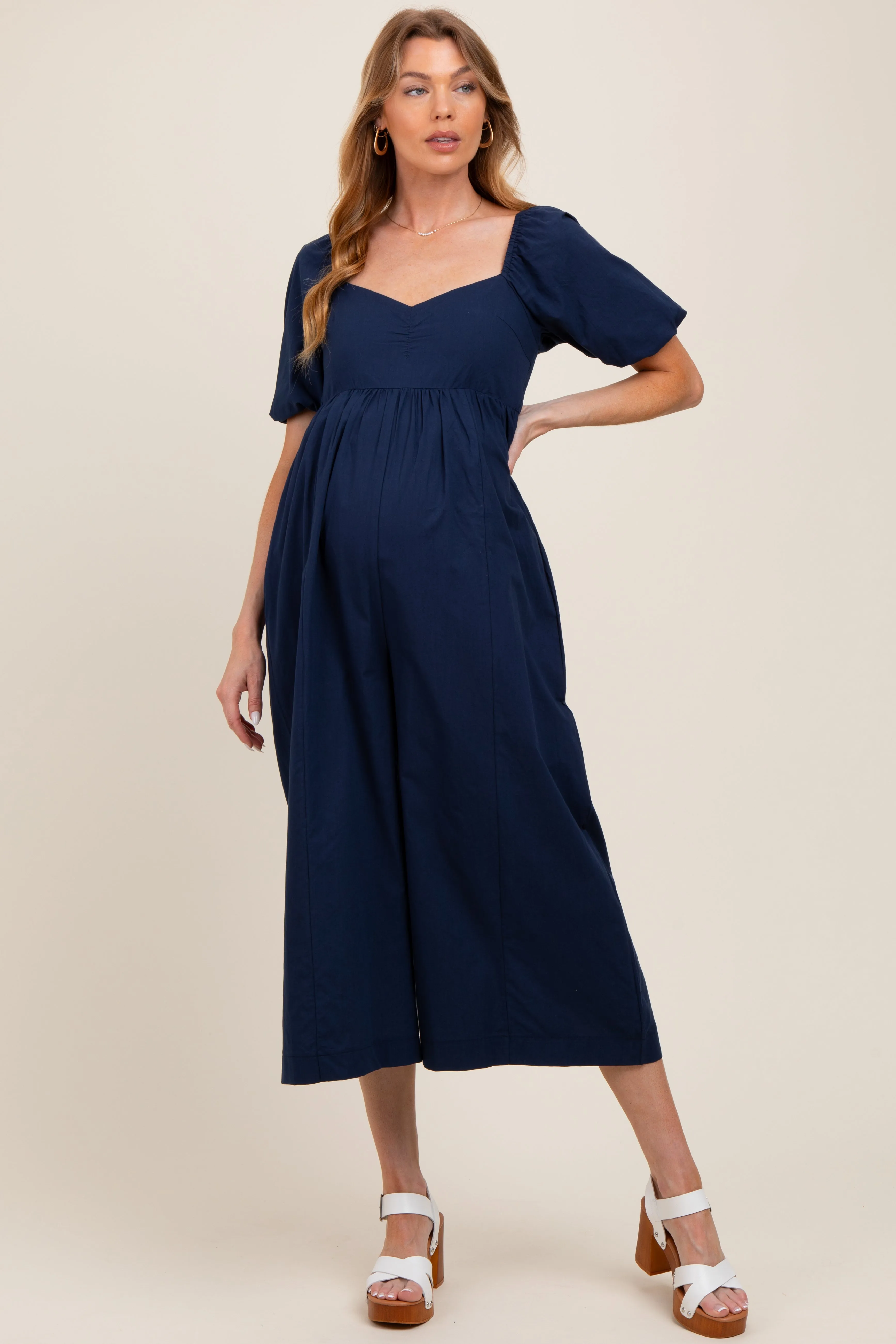 Navy Sweetheart Cropped Wide Leg Maternity Jumpsuit sold by Pinkblush