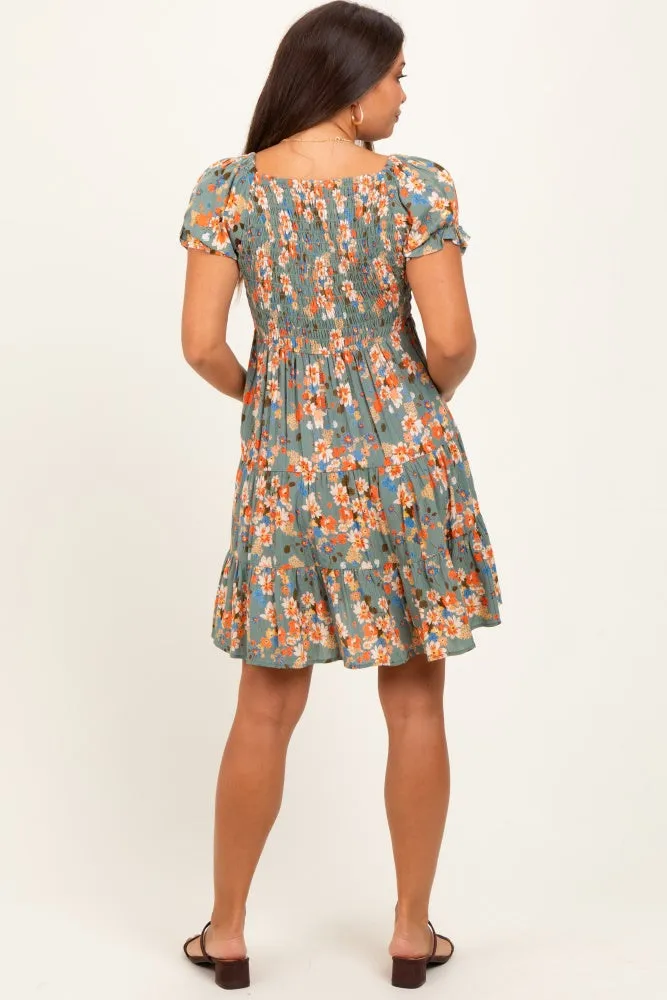 Olive Floral Smocked V-Neck Puff Sleeve Maternity Dress sold by Pinkblush product image thumbnail 4