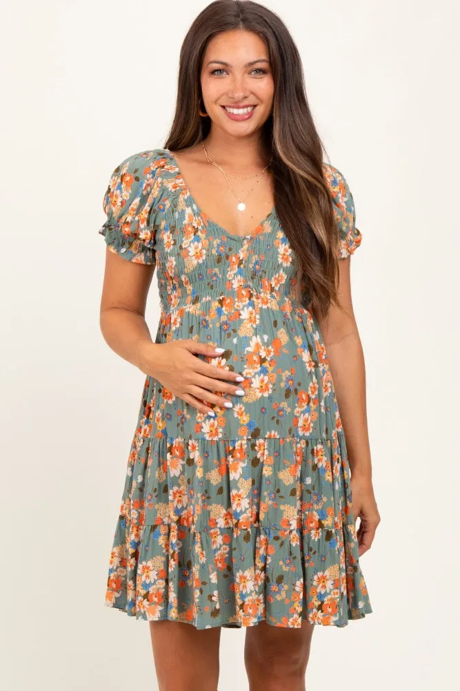 Olive Floral Smocked V-Neck Puff Sleeve Maternity Dress sold by Pinkblush