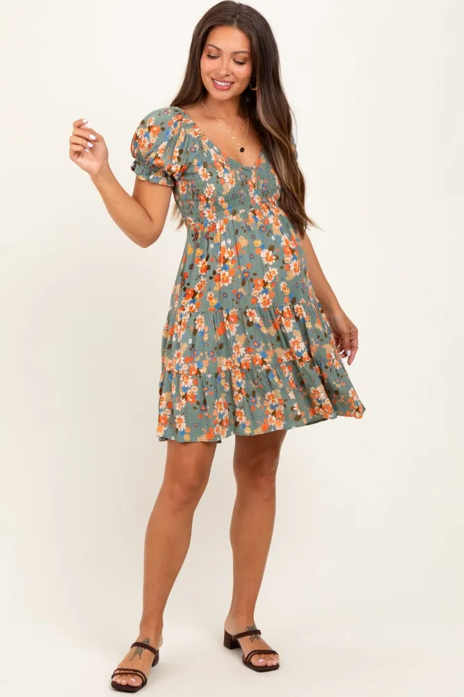 Olive Floral Smocked V-Neck Puff Sleeve Maternity Dress sold by Pinkblush product image thumbnail 2