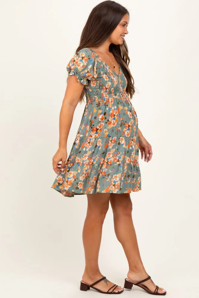 Olive Floral Smocked V-Neck Puff Sleeve Maternity Dress sold by Pinkblush product image thumbnail 3