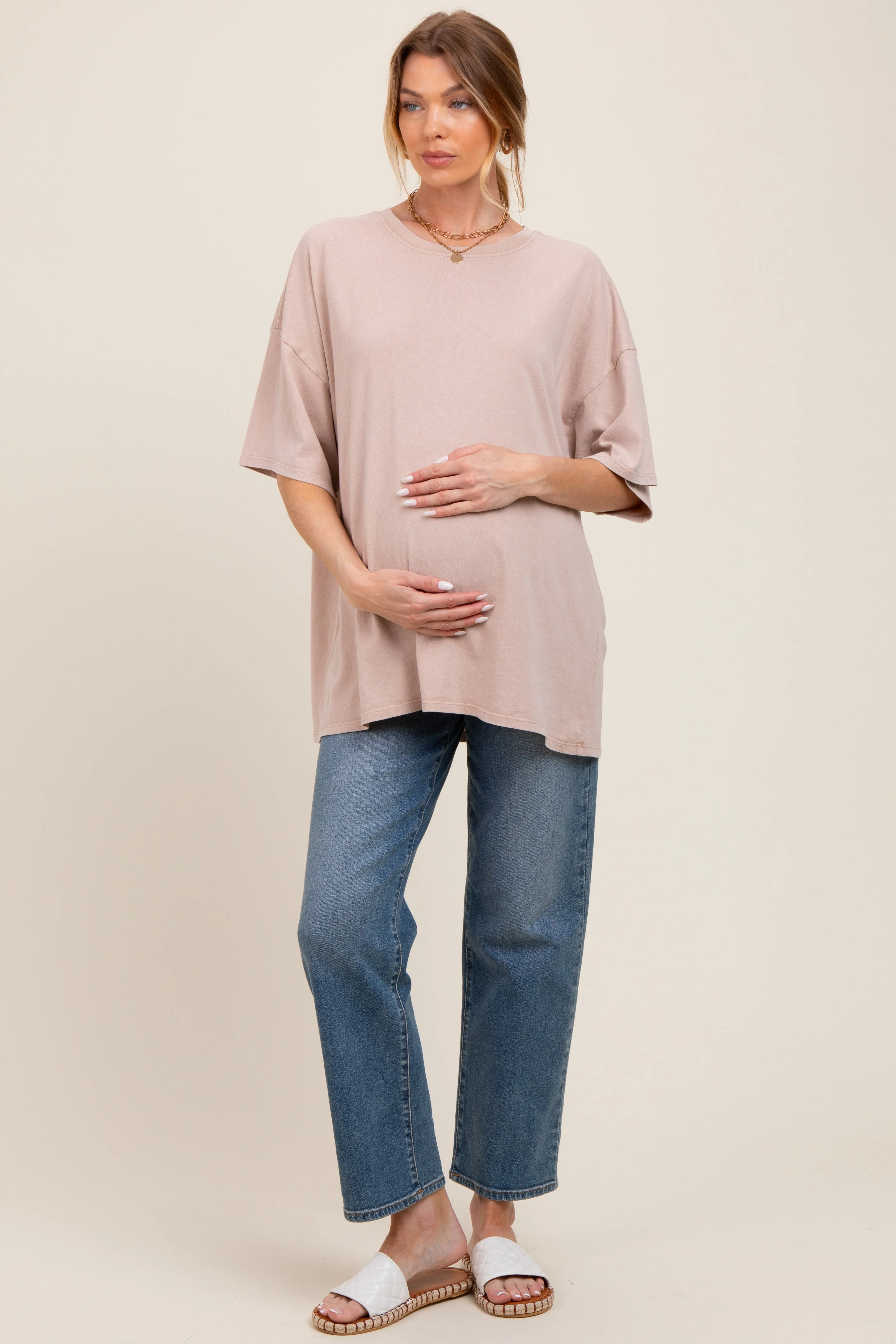 Taupe Mineral Washed Oversized Maternity T-Shirt sold by Pinkblush
