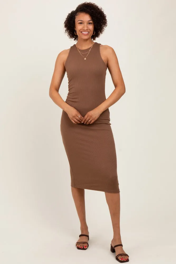 Brown Sleeveless Ribbed Knit Maternity Midi Dress sold by Pinkblush product image thumbnail 4