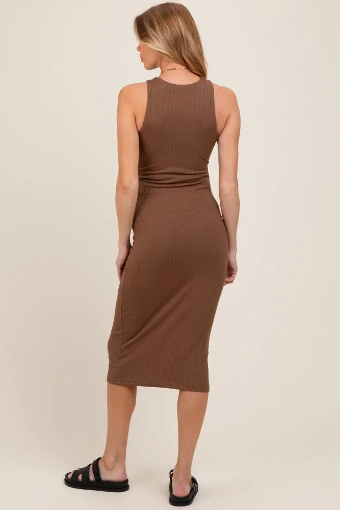 Brown Sleeveless Ribbed Knit Maternity Midi Dress sold by Pinkblush product image thumbnail 3
