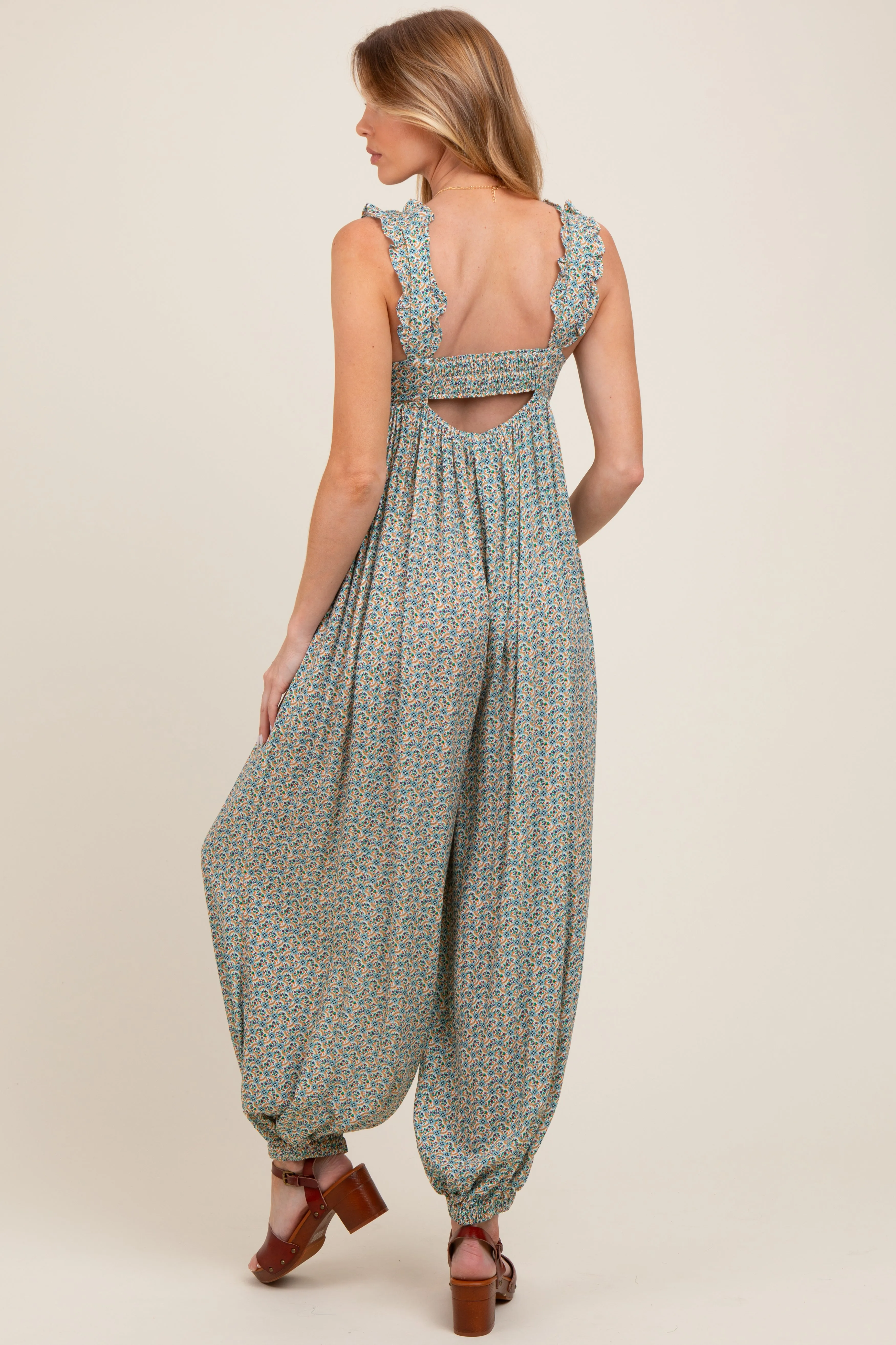 Green Floral Ruffle Strap Barrel Leg Maternity Jumpsuit sold by Pinkblush product image thumbnail 3
