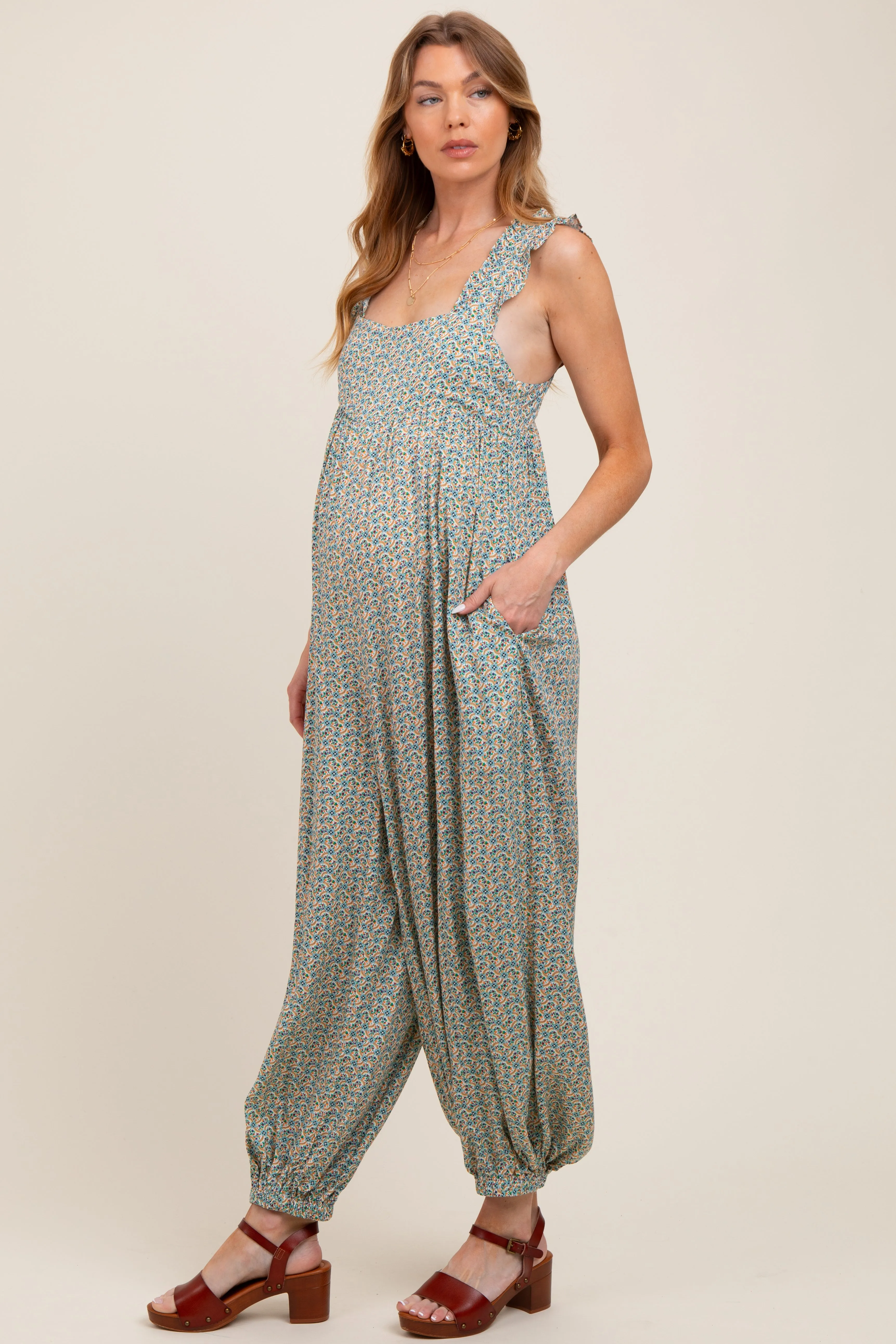Green Floral Ruffle Strap Barrel Leg Maternity Jumpsuit sold by Pinkblush