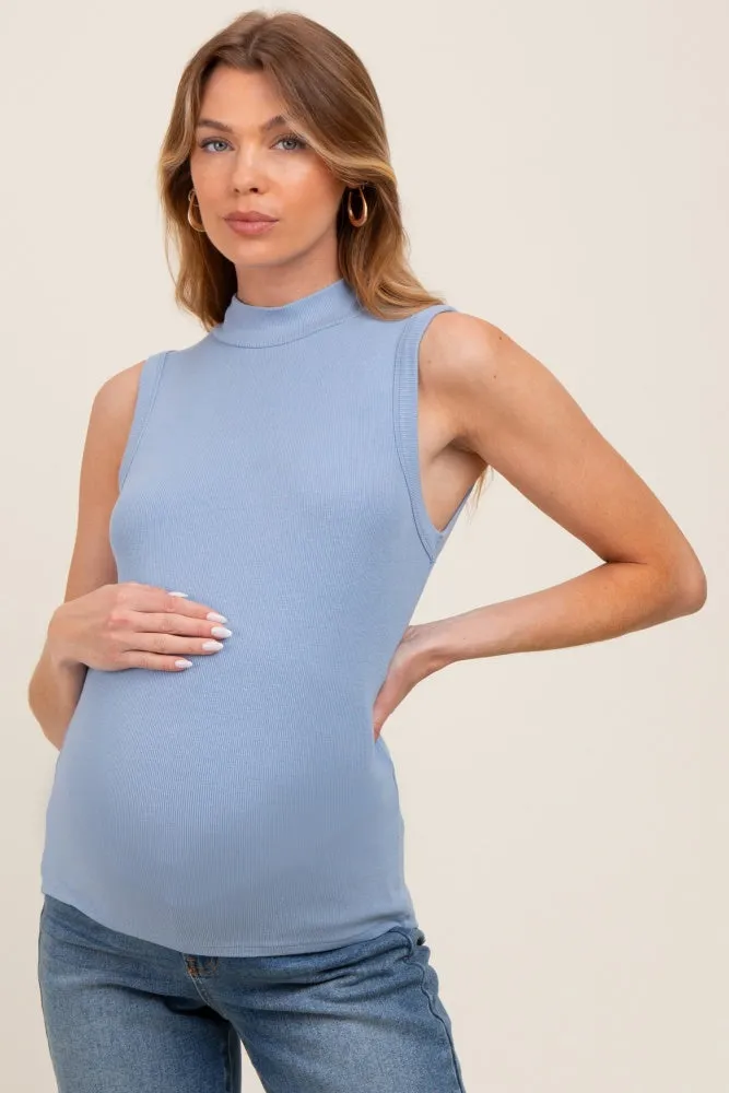 Blue Knit Mock Neck Sleeveless Maternity Top sold by Pinkblush