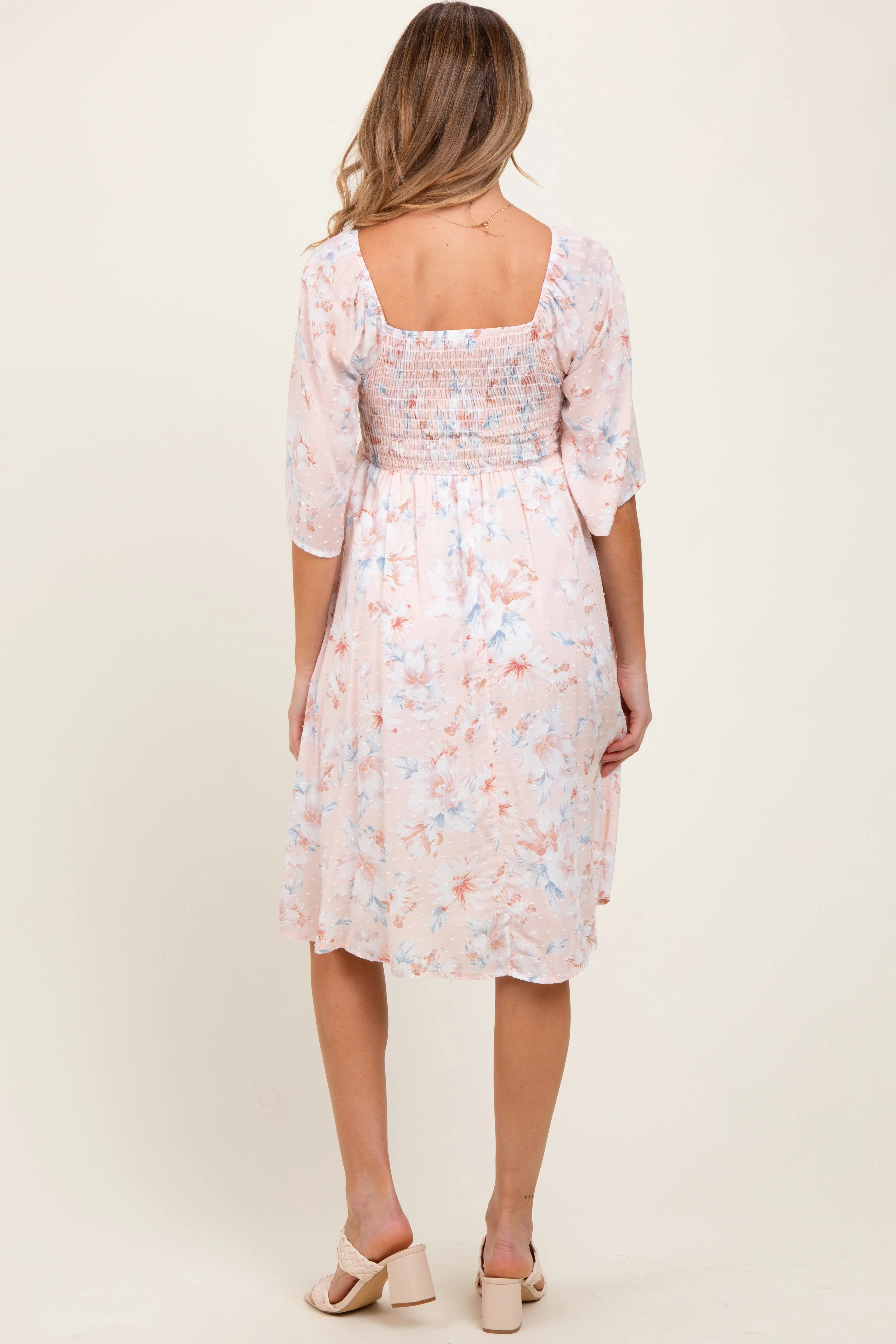Peach Floral Smocked Maternity Midi Dress sold by Pinkblush product image thumbnail 3