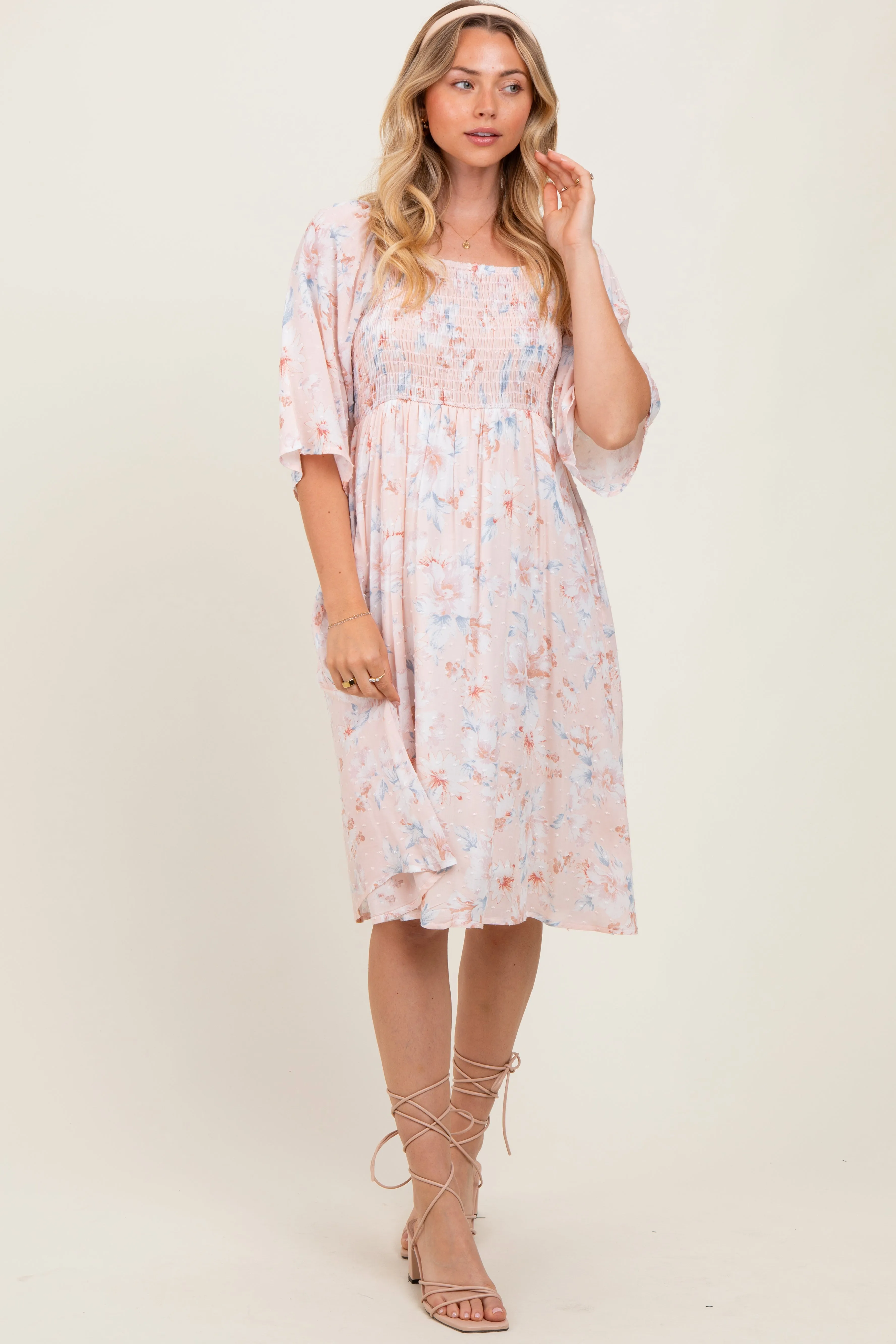 Peach Floral Smocked Maternity Midi Dress sold by Pinkblush product image thumbnail 4
