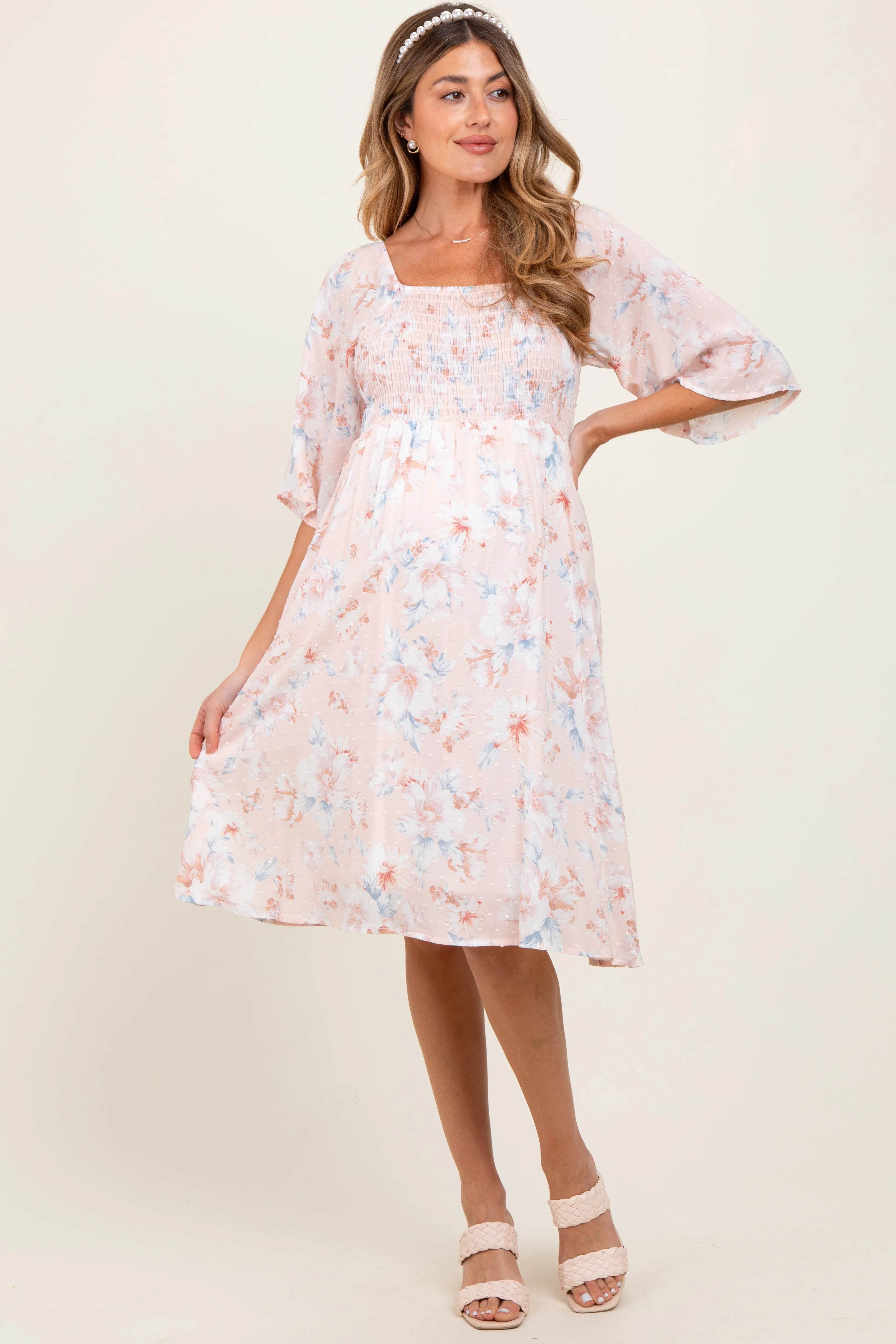 Peach Floral Smocked Maternity Midi Dress sold by Pinkblush product image thumbnail 2