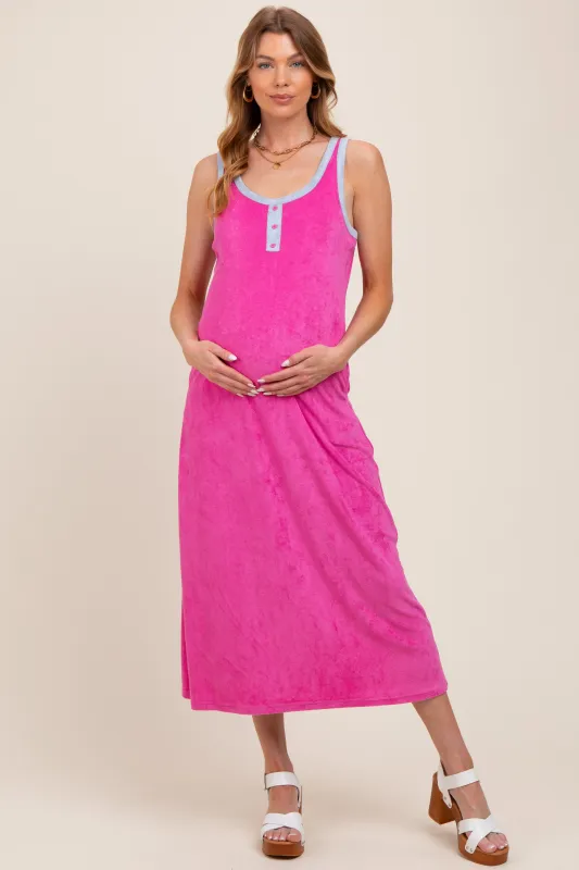 Fuchsia Contrast Trim Terry Knit Sleeveless Maternity Dress sold by Pinkblush