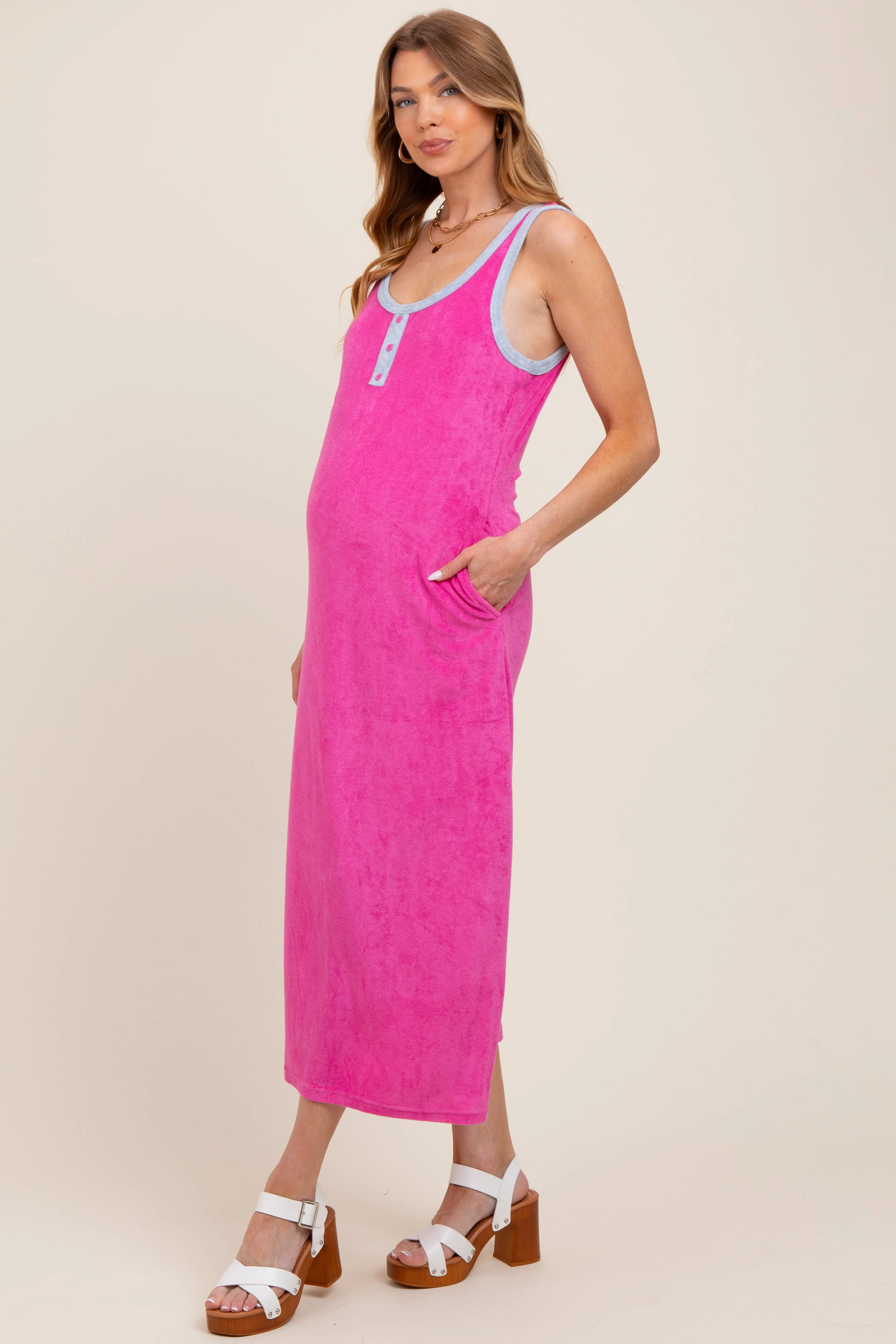 Fuchsia Contrast Trim Terry Knit Sleeveless Maternity Dress sold by Pinkblush product image thumbnail 2