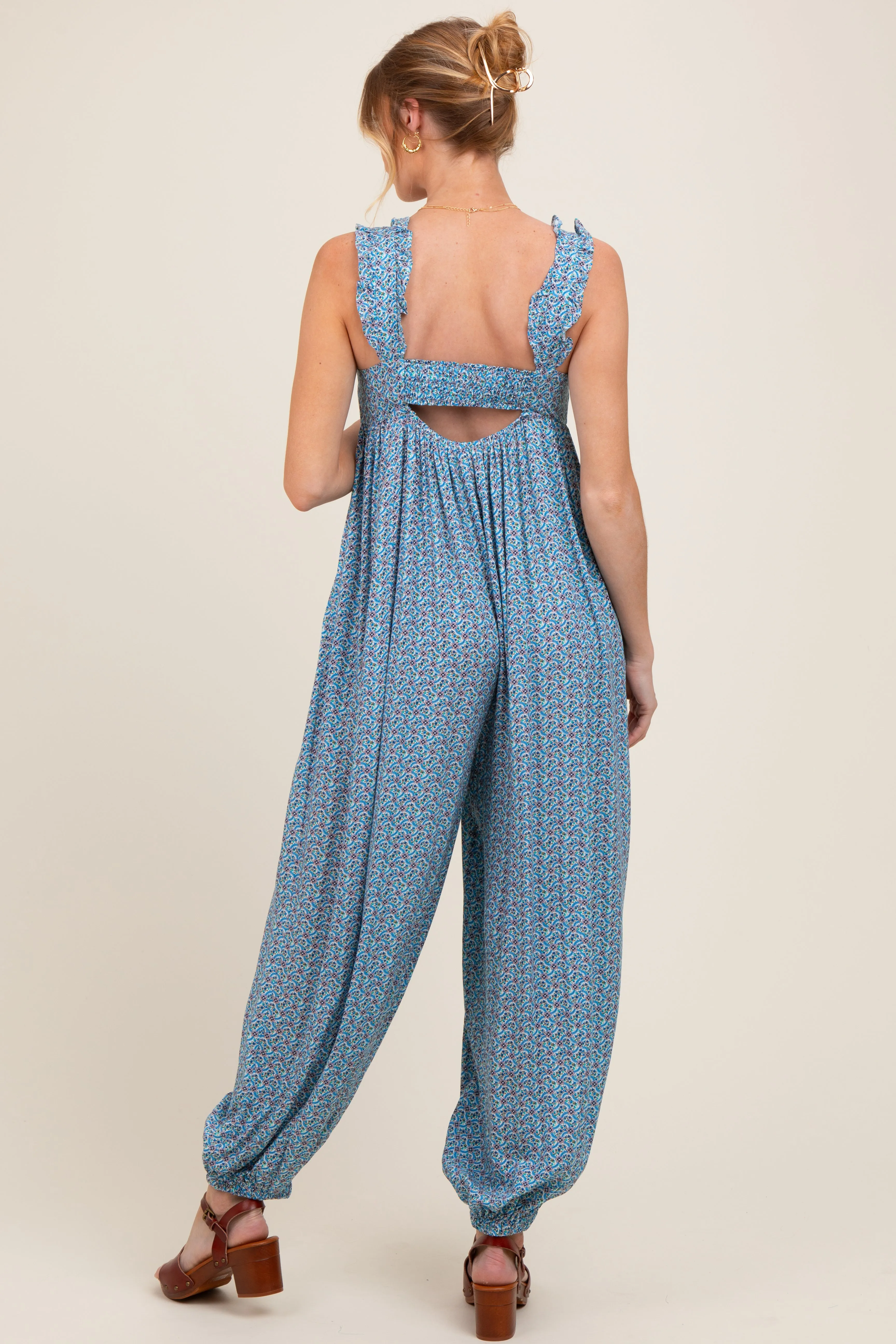 Blue Floral Ruffle Strap Barrel Leg Maternity Jumpsuit sold by Pinkblush product image thumbnail 3