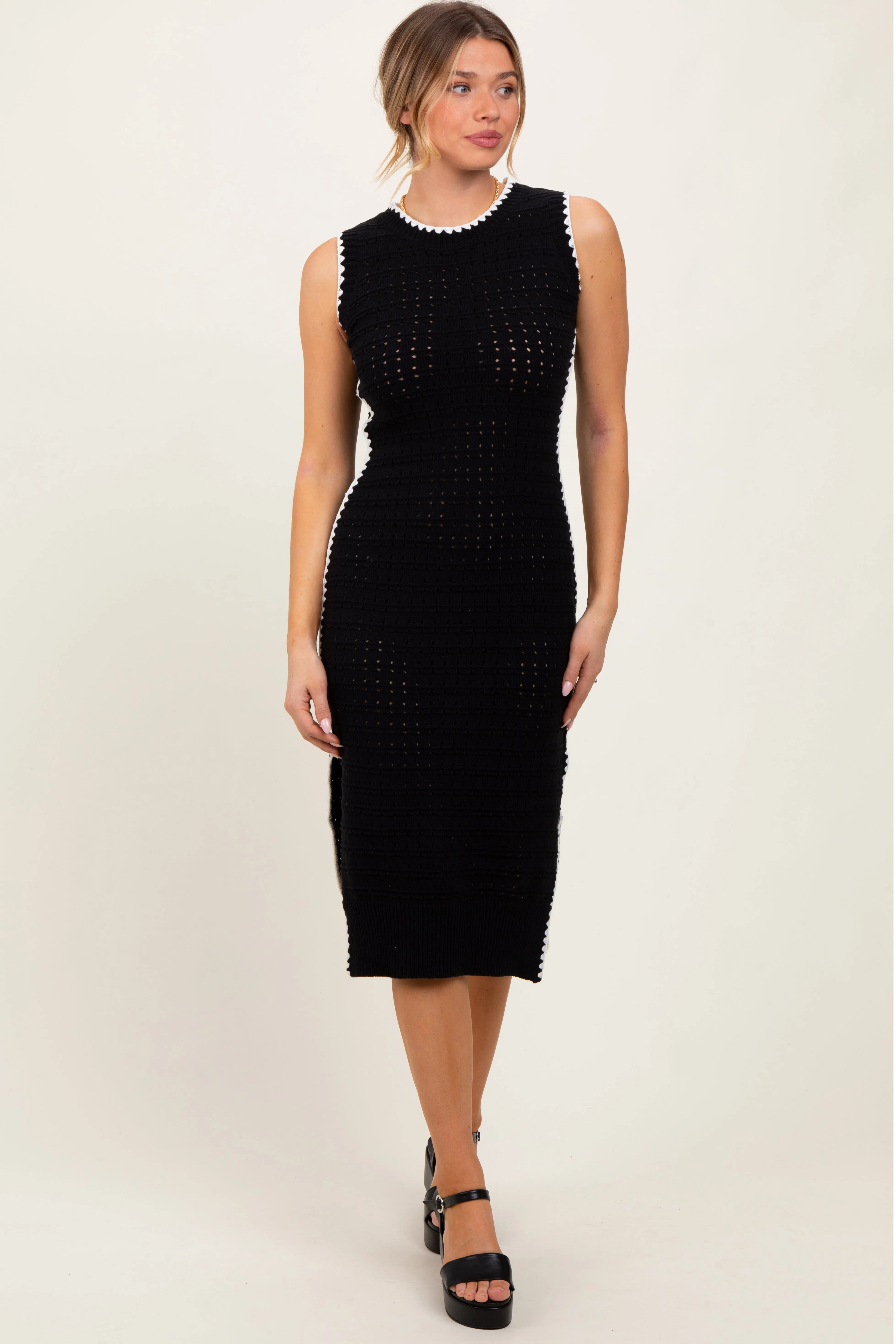 Black Pointelle Contrast Trim Sweater Maternity Midi Dress sold by Pinkblush product image thumbnail 4