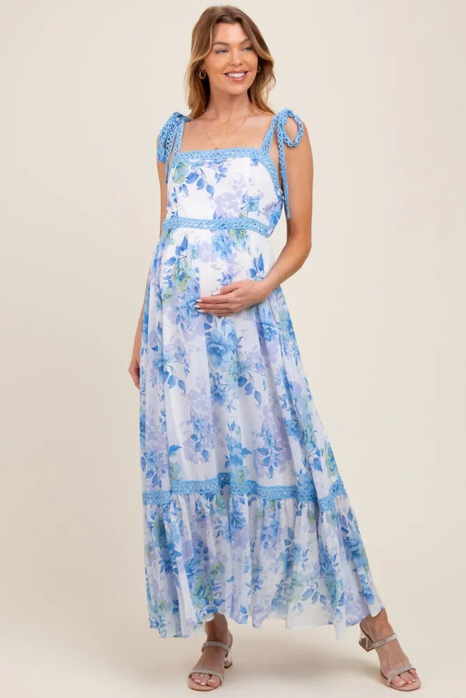 Blue Floral Shoulder Tie Tiered Maternity Maxi Dress sold by Pinkblush