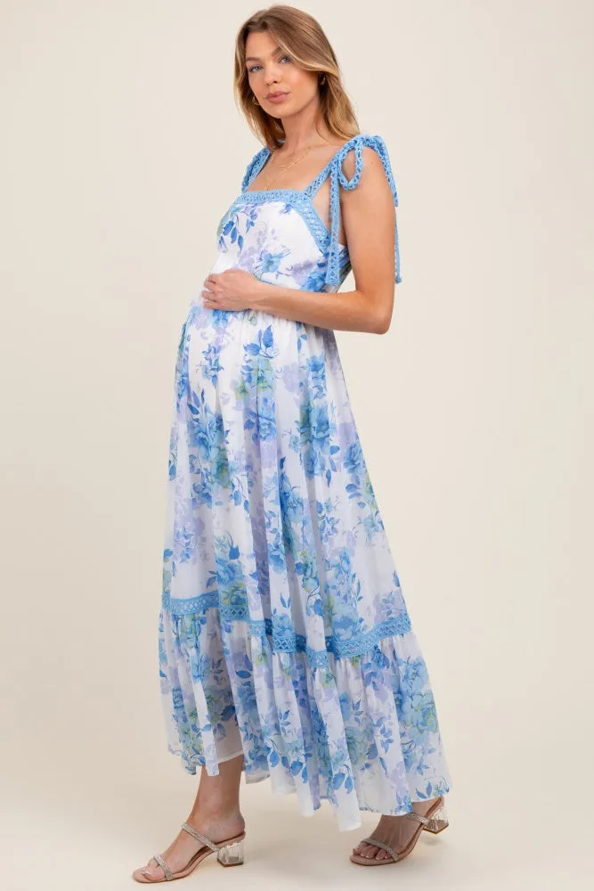 Blue Floral Shoulder Tie Tiered Maternity Maxi Dress sold by Pinkblush product image thumbnail 2