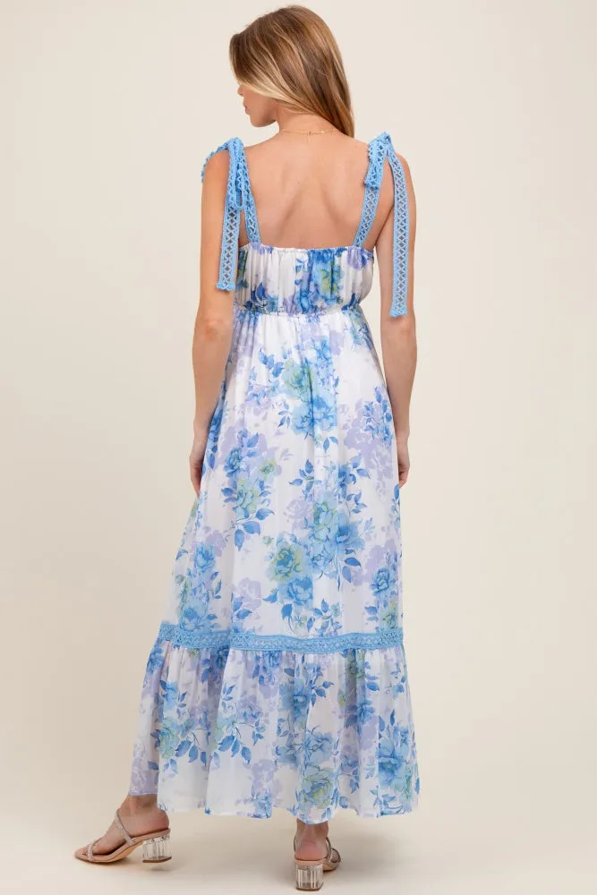 Blue Floral Shoulder Tie Tiered Maternity Maxi Dress sold by Pinkblush product image thumbnail 3