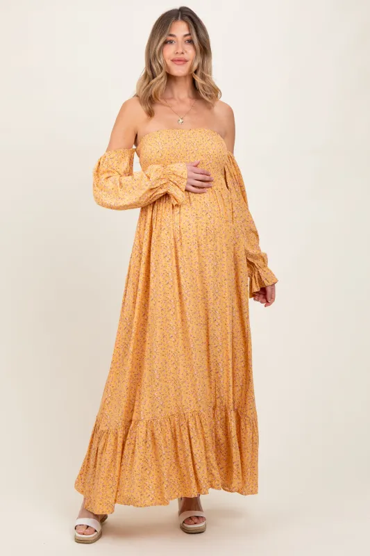 Yellow Floral Smocked Off Shoulder Maternity Maxi Dress sold by Pinkblush