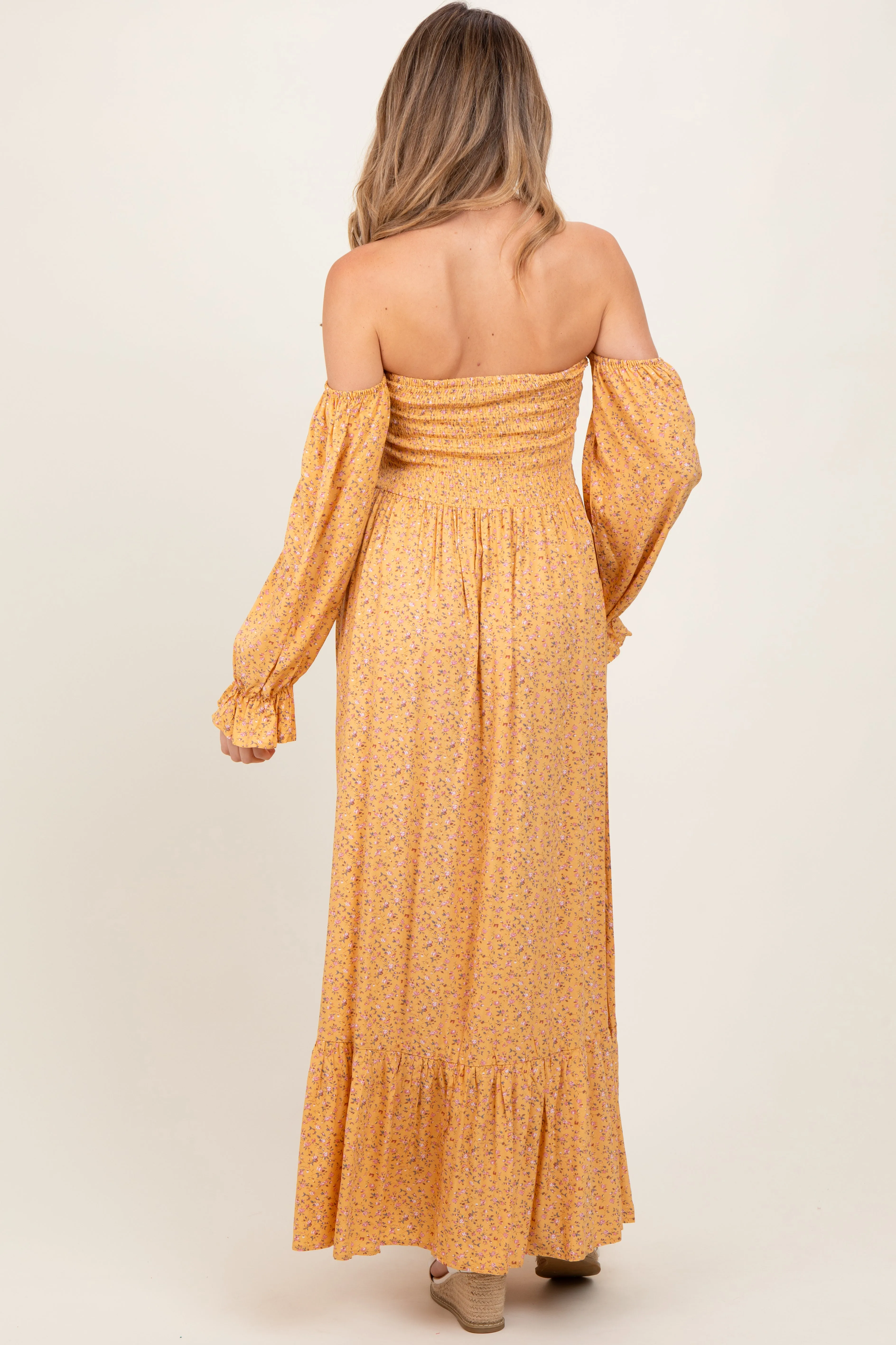 Yellow Floral Smocked Off Shoulder Maternity Maxi Dress sold by Pinkblush product image thumbnail 2