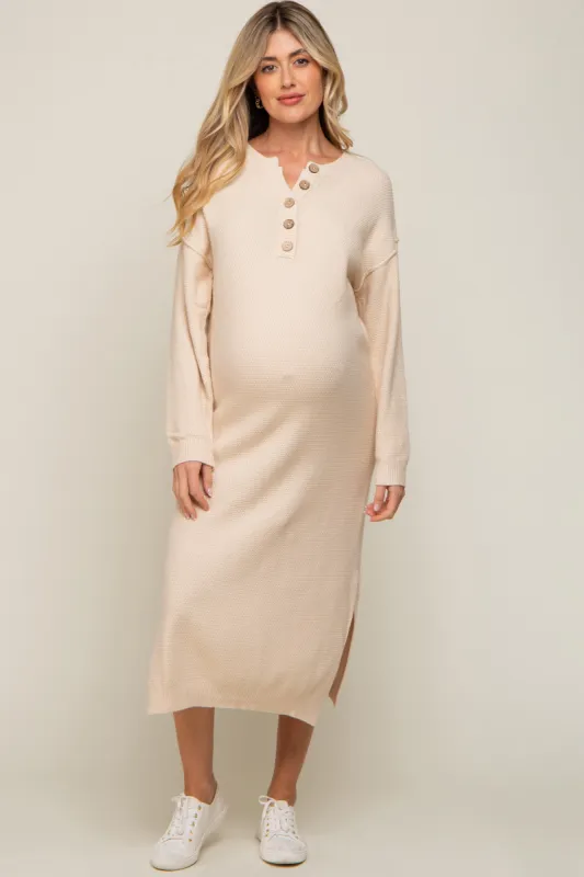 Cream Waffle Knit Button Long Sleeve Maternity Midi Dress sold by Pinkblush