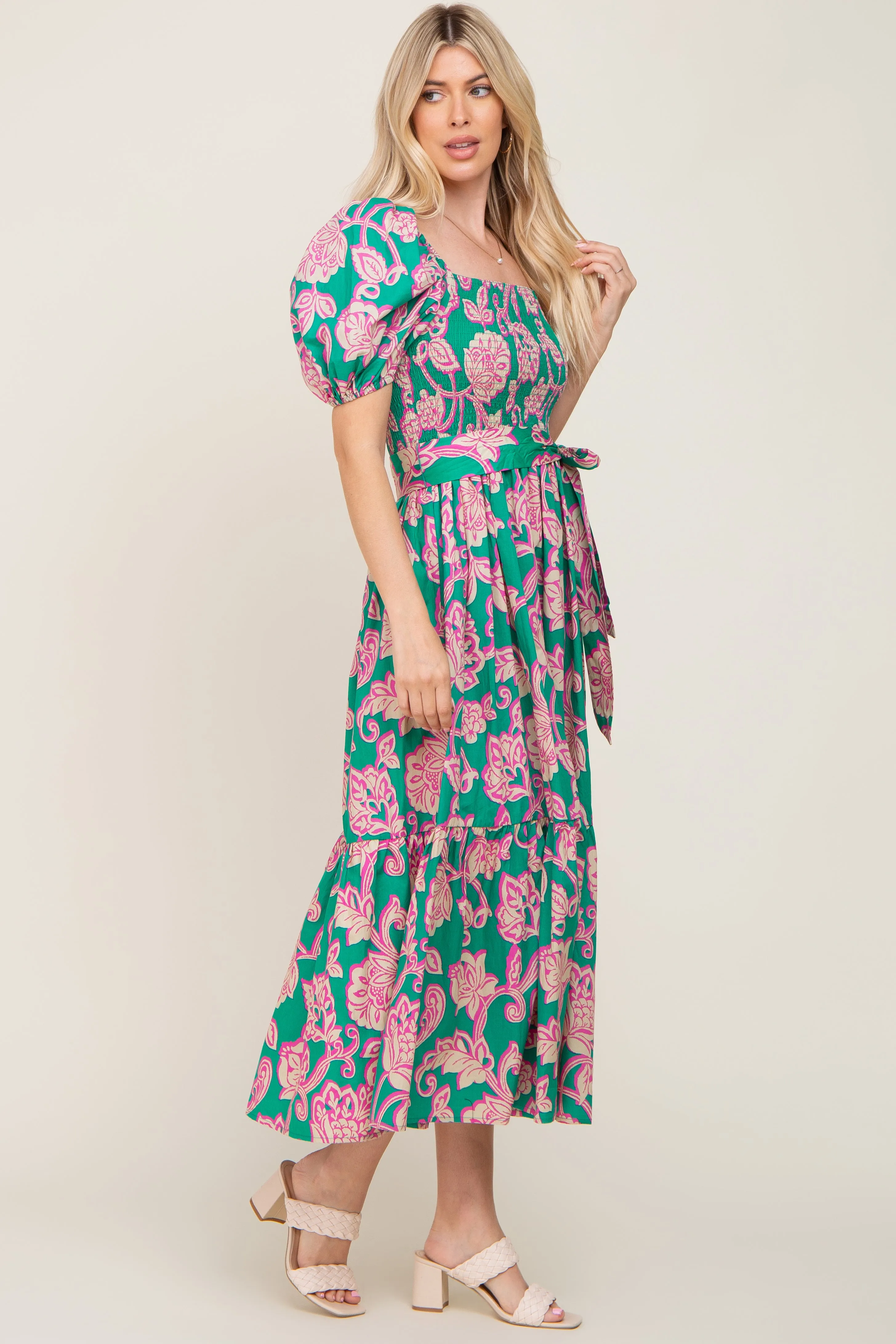 Teal Floral Square Neck Smocked Midi Dress sold by Pinkblush product image thumbnail 2