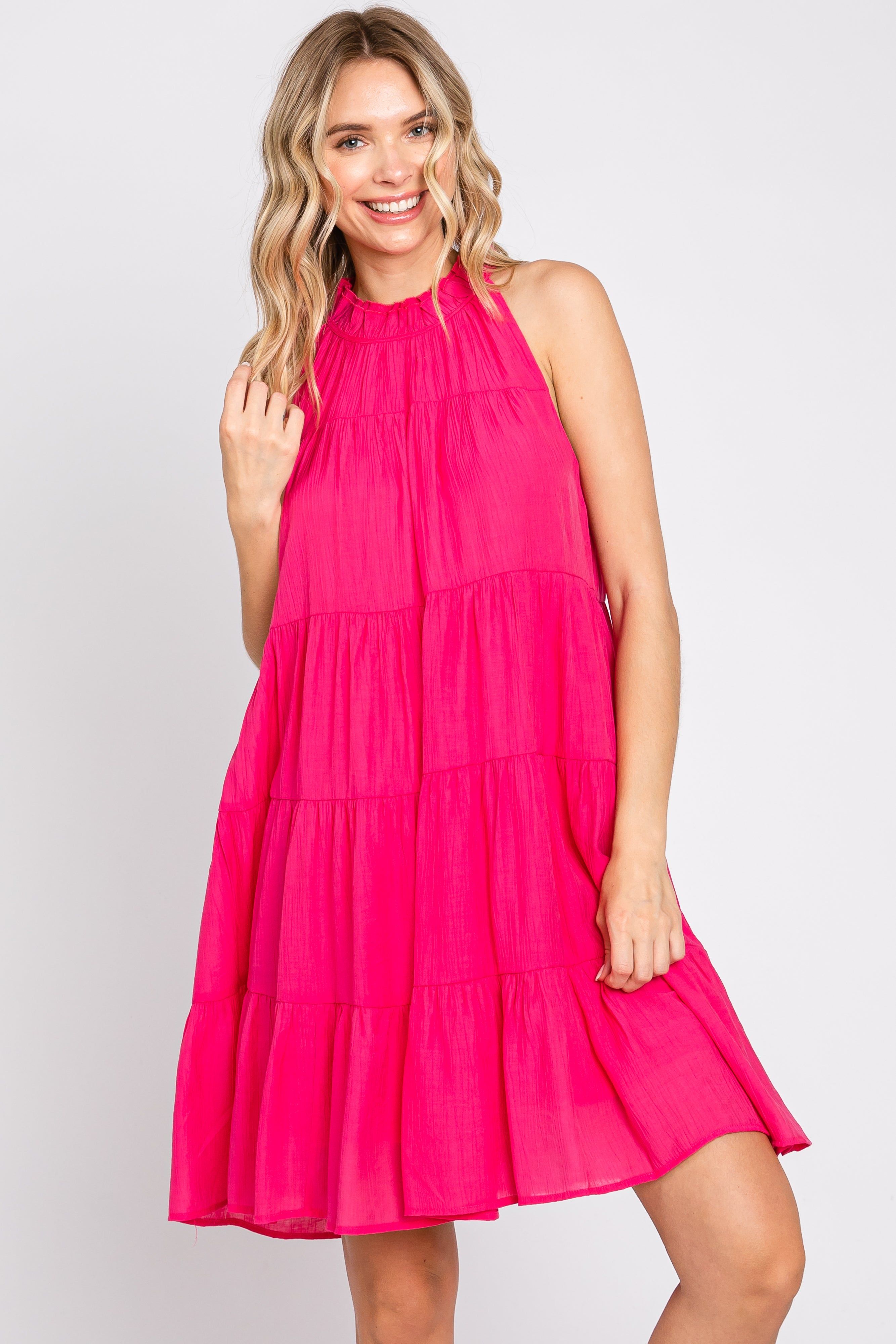 Fuchsia Ruffle Mock Neck Tiered Dress sold by Pinkblush