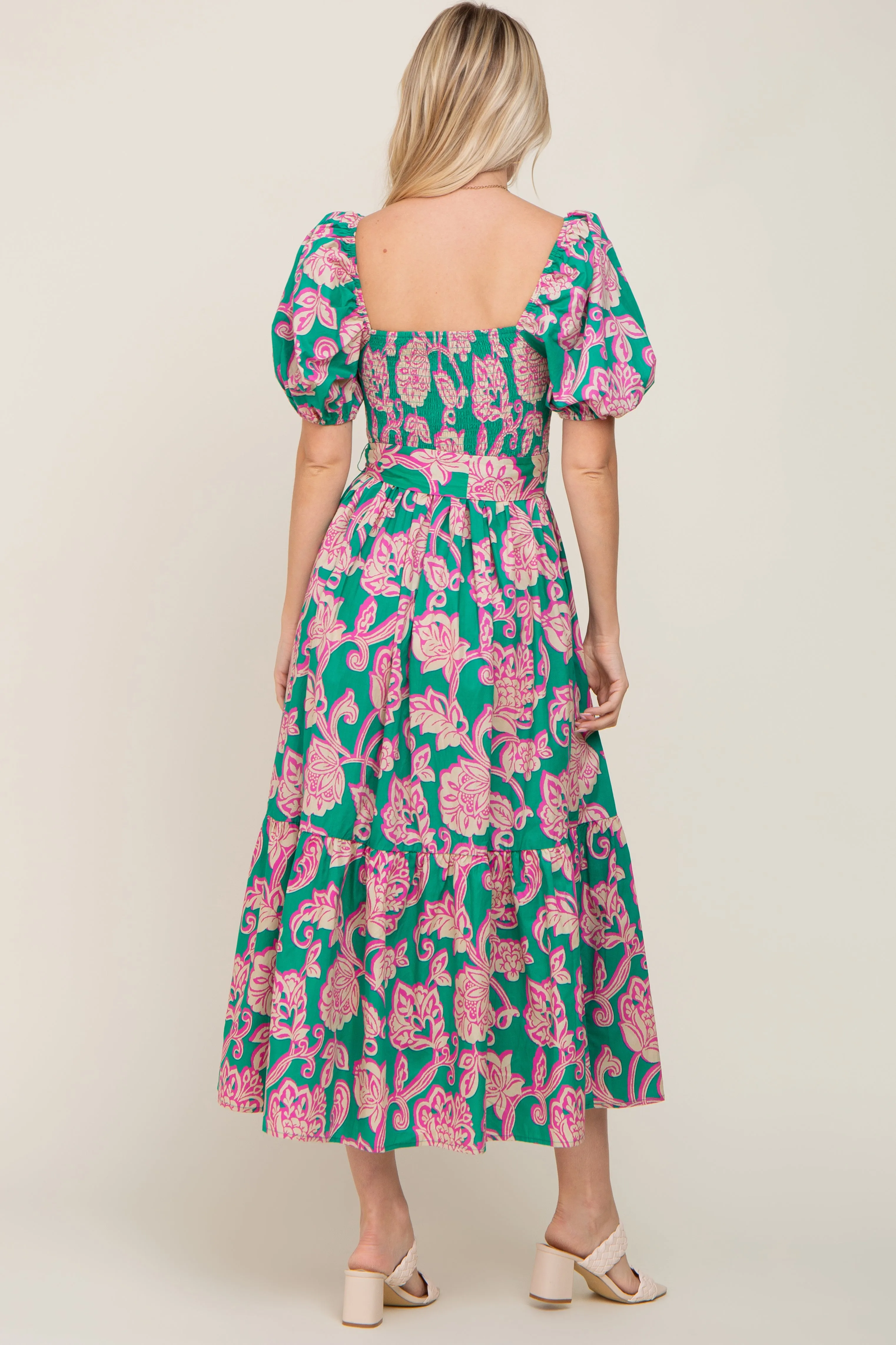 Teal Floral Square Neck Smocked Midi Dress sold by Pinkblush product image thumbnail 3