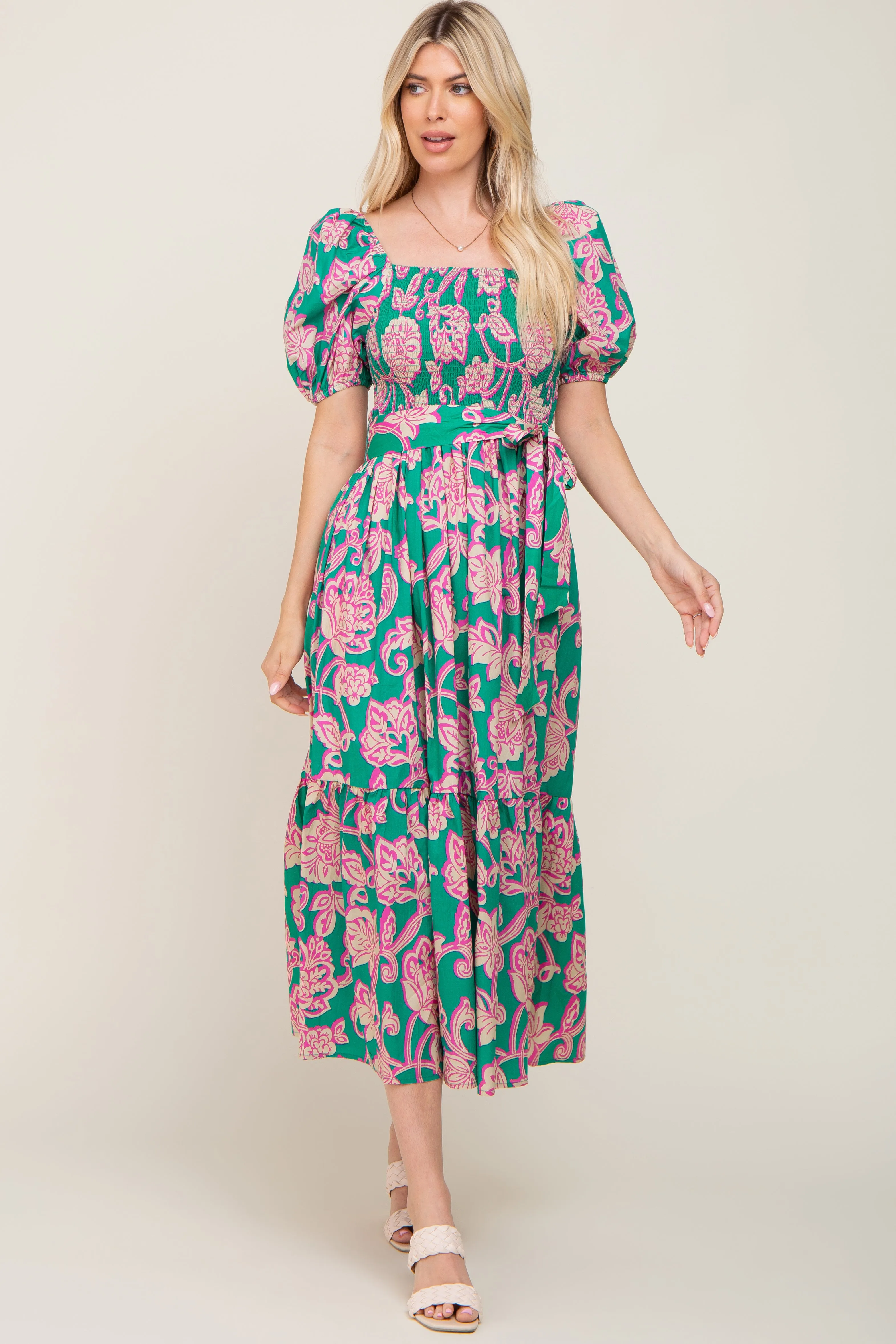 Teal Floral Square Neck Smocked Midi Dress sold by Pinkblush product image thumbnail 4